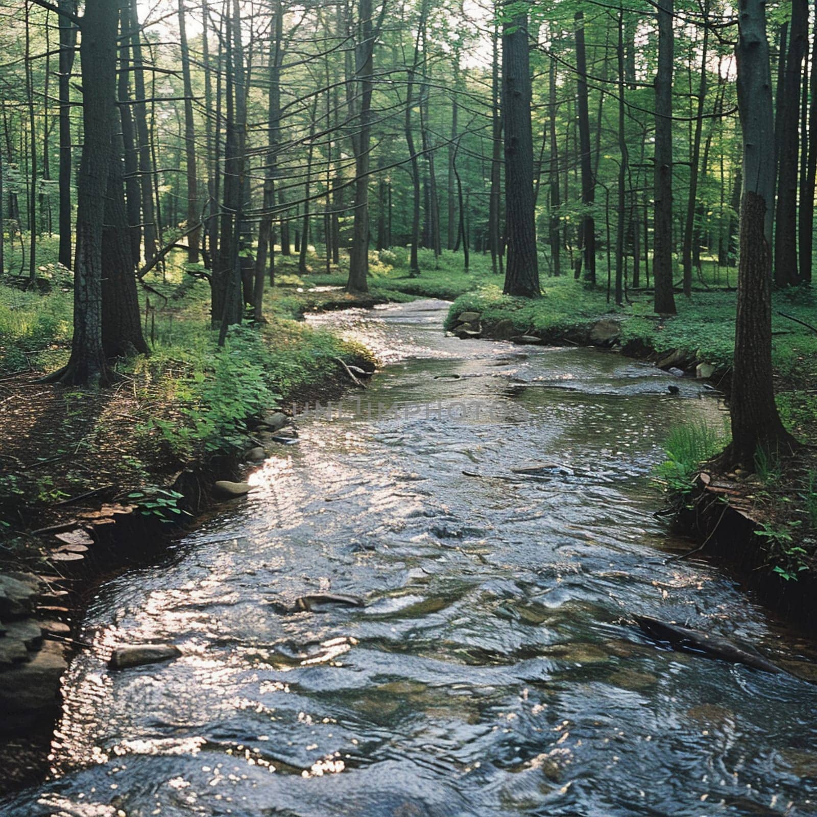 A serene brook winding through a forest by Benzoix