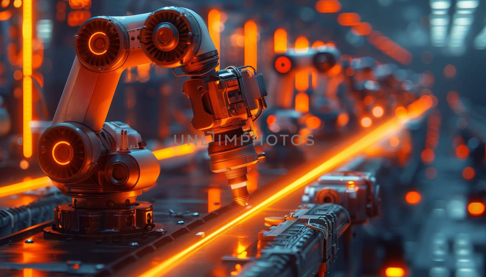 A group of yellow robots are standing in a factory by AI generated image.