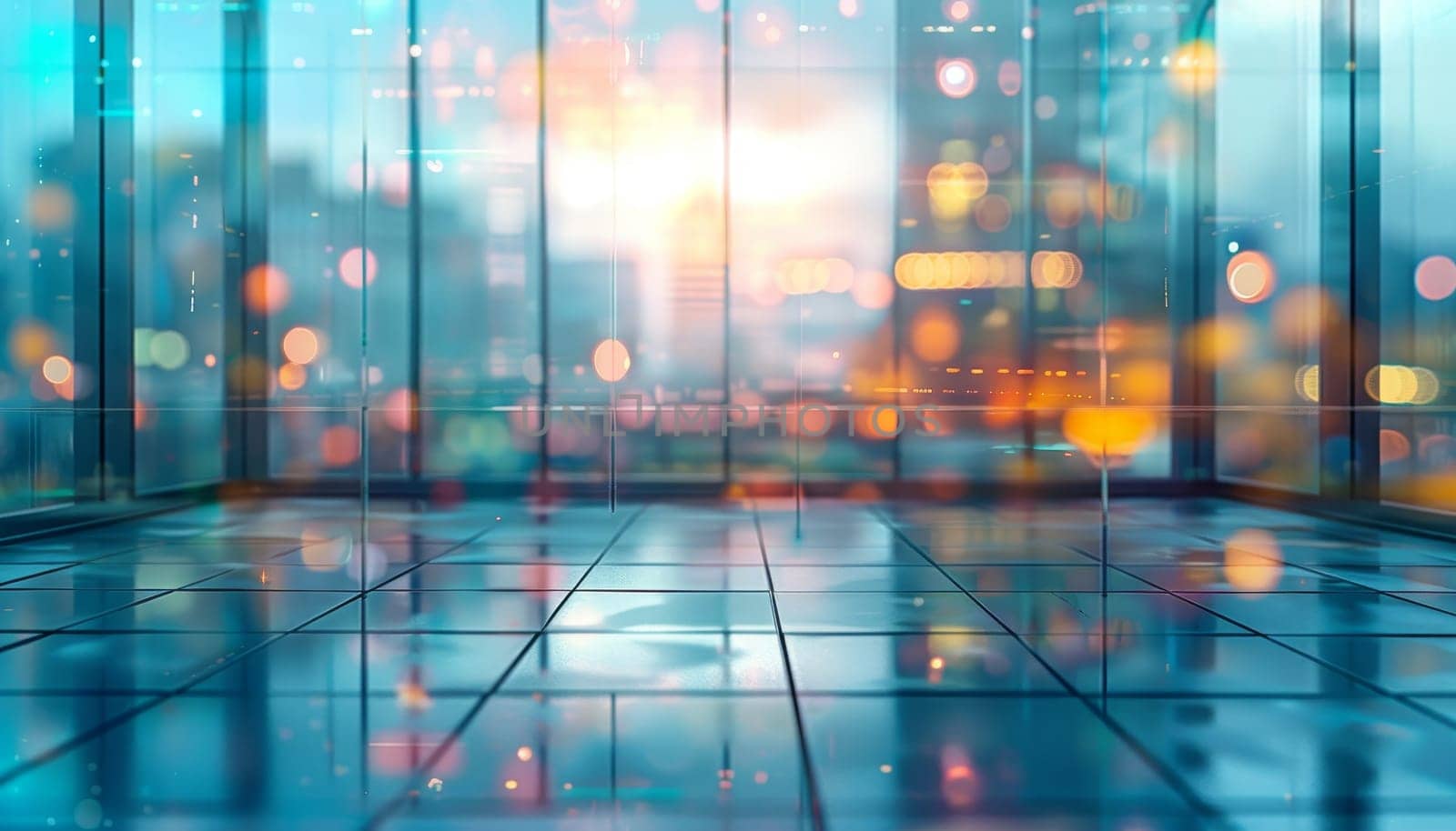 A city skyline with a bright sun shining through the windows by AI generated image.