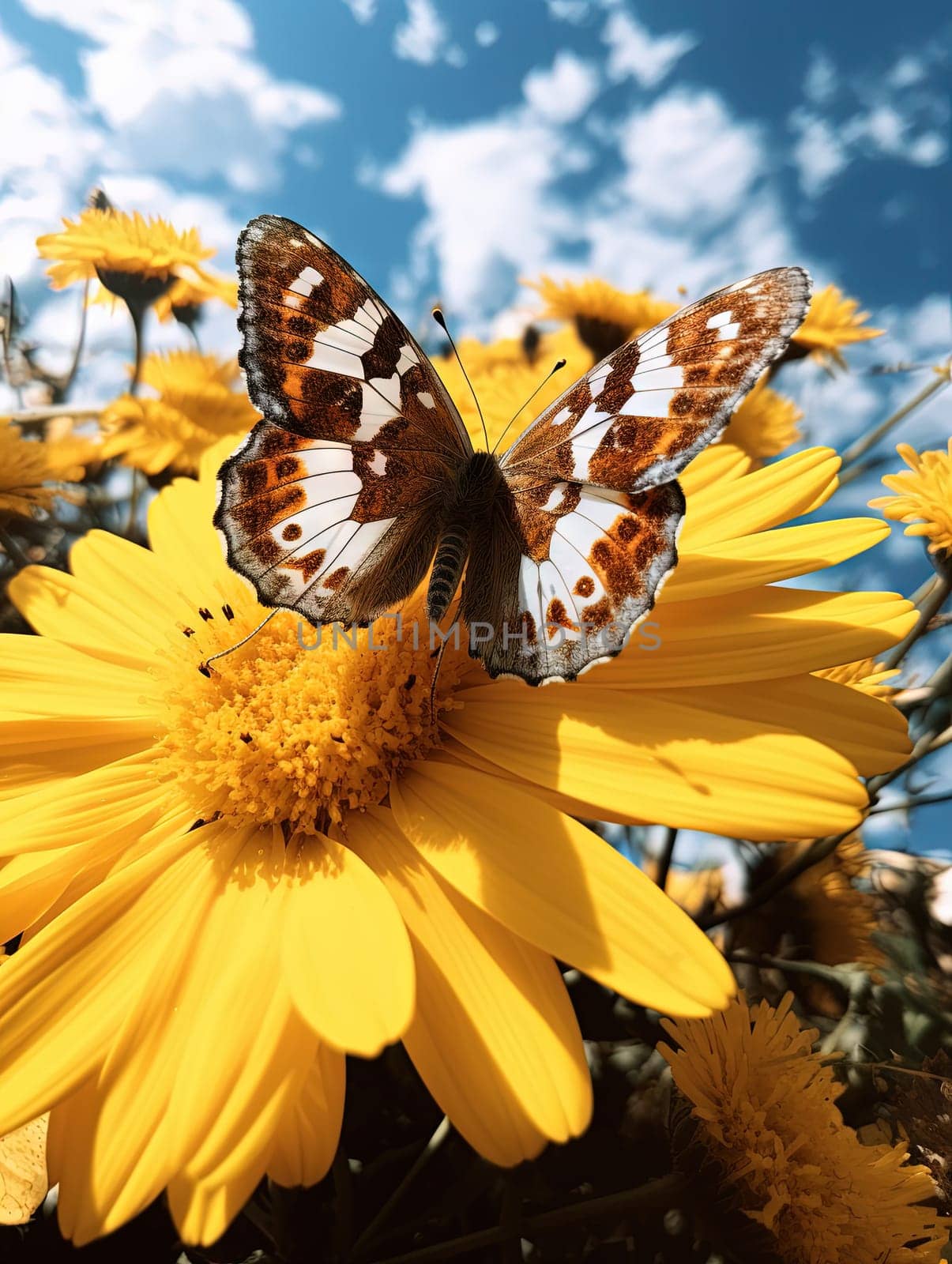 Butterfly on the colorful flowers and plants. Calm nature scene with dreamy colors. Generated AI