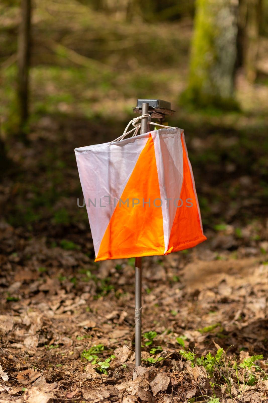 Orienteering. Control point Prism and electric composter for orienteering in the spring forest. Navigation equipment. The concept