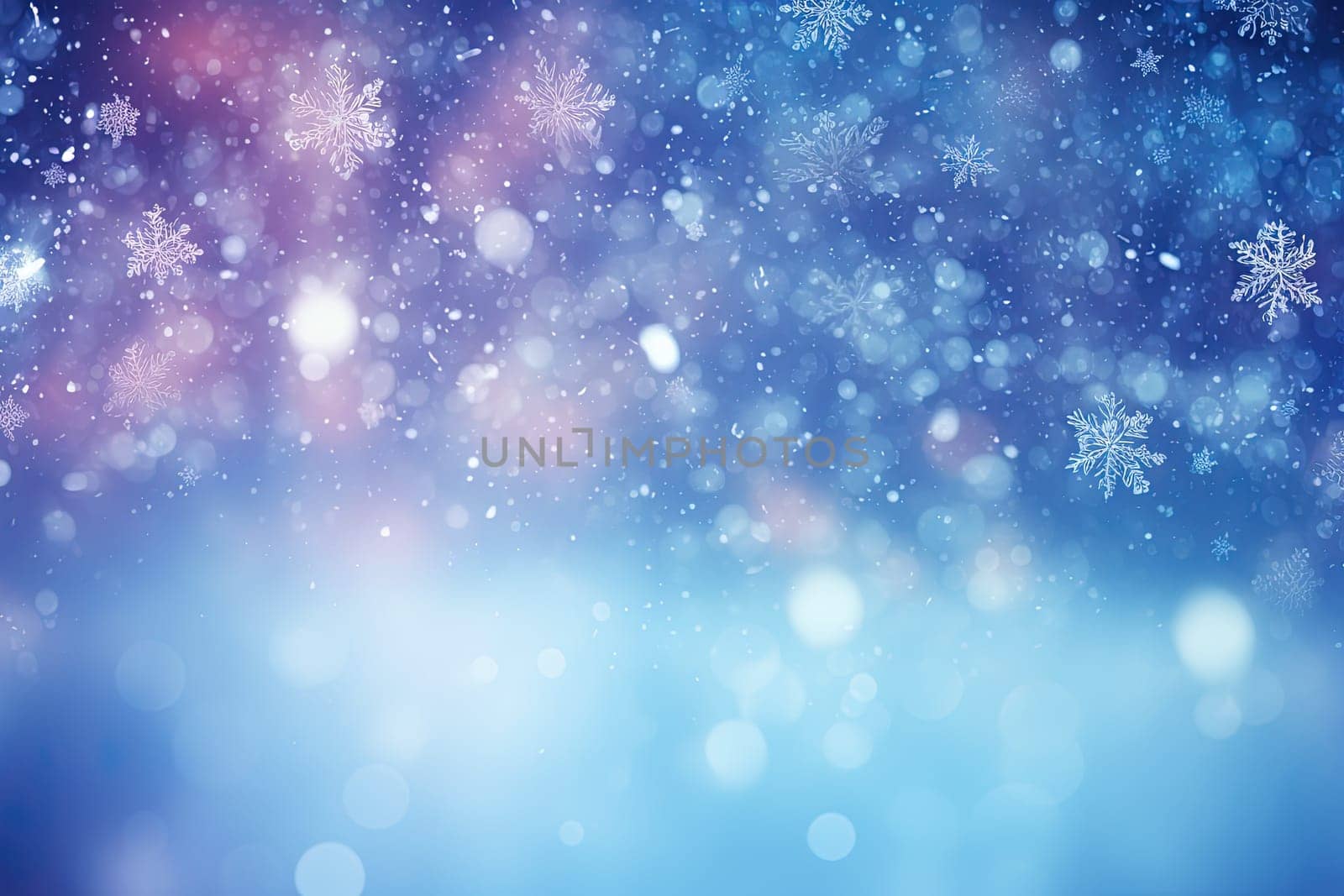 Christmas background with snowflakes and bokeh. Winter holidays celebration backdrop with snow on blurred background. Generated AI