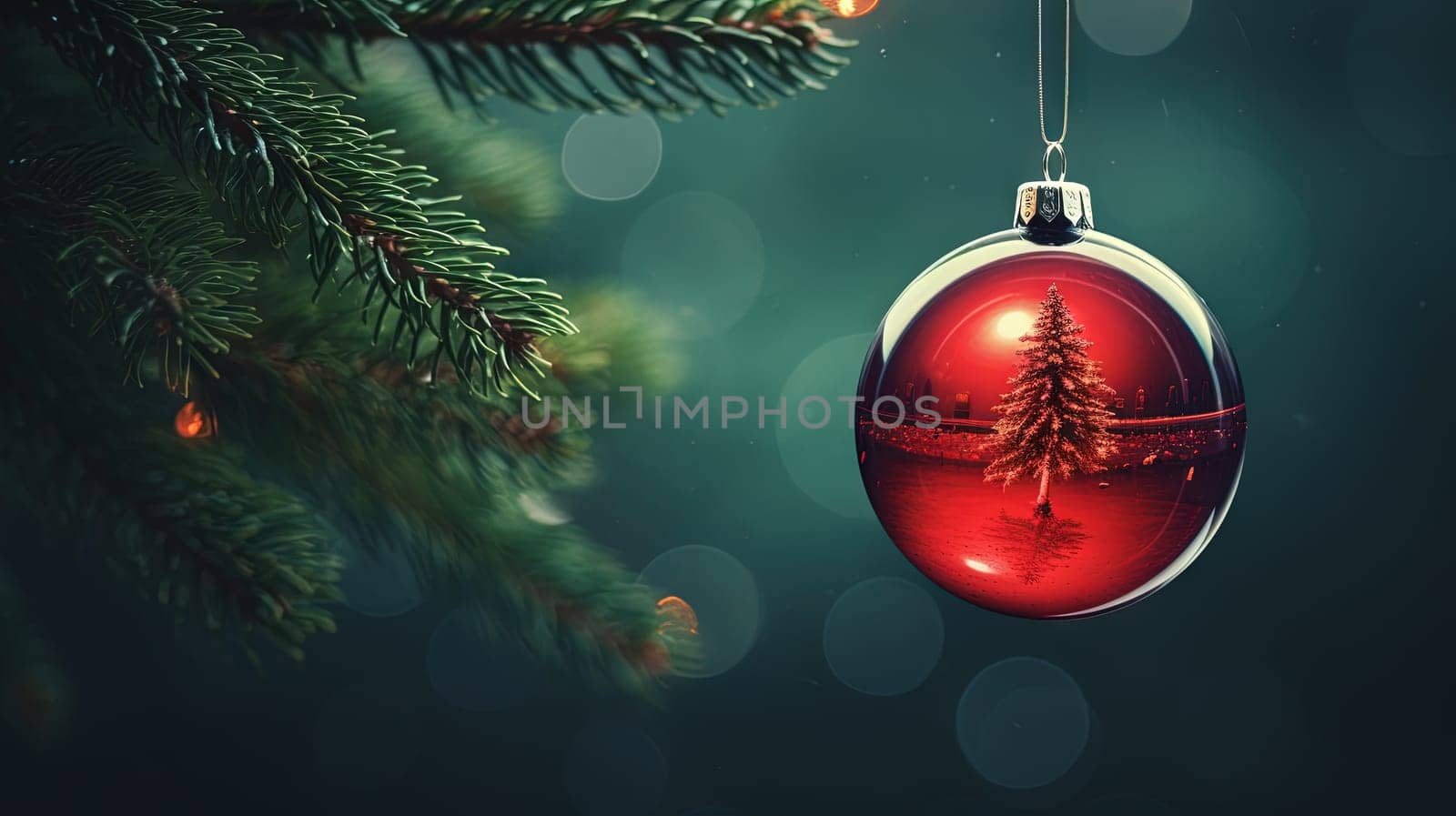 Christmas ball for the holiday tree. Shiny bauble for winter Xmas holidays. Generated AI