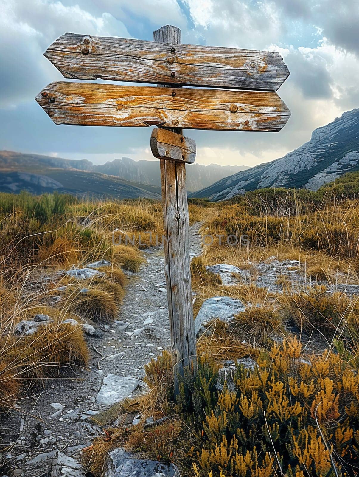 A weathered wooden signpost in a rural setting, pointing in multiple directions, evoking choice and adventure.