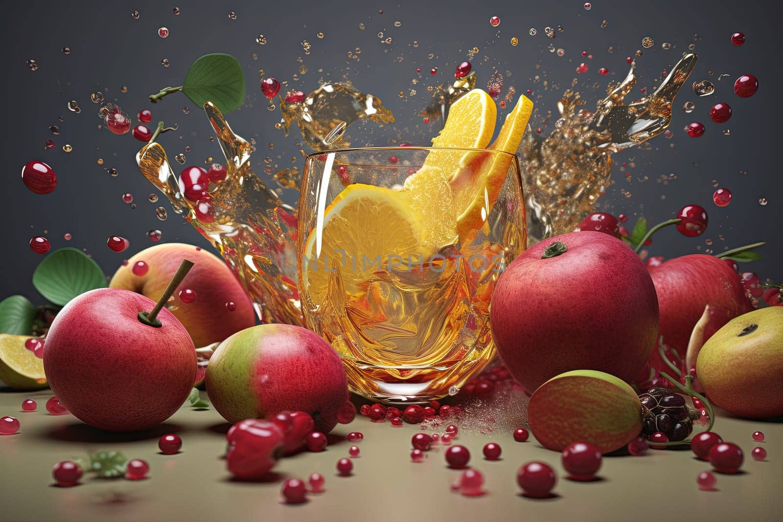 Glass of juice with fruits and berries on the table. Drink splash of sweet organic cocktail. Generated AI
