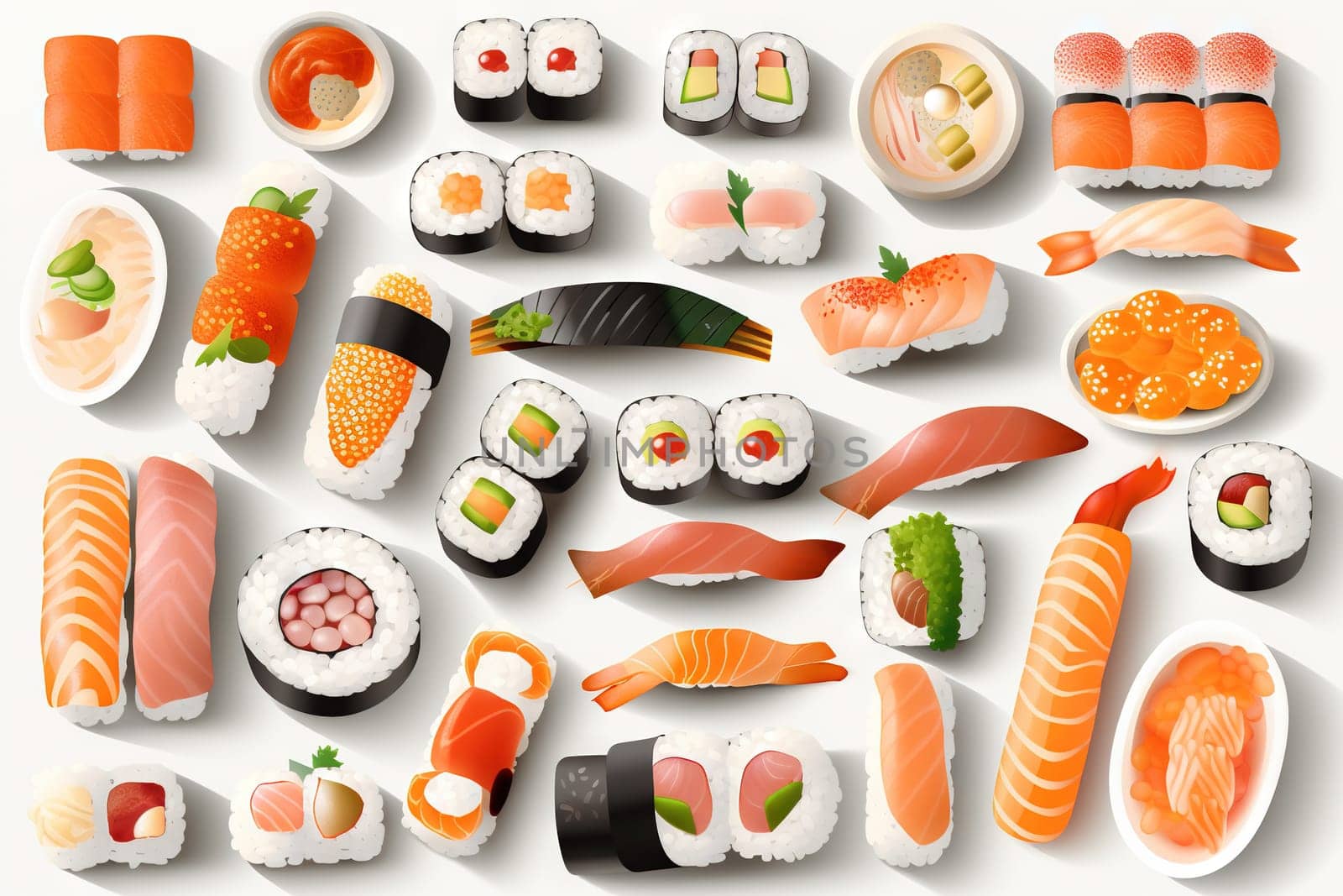 Sushi set. Collection of fast fool in asian style. Classic shushi and rice rolls. Generated AI