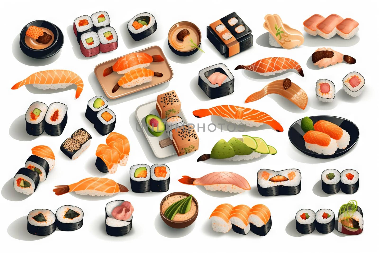 Sushi set. Collection of fast fool in asian style. Classic shushi and rice rolls. Generated AI
