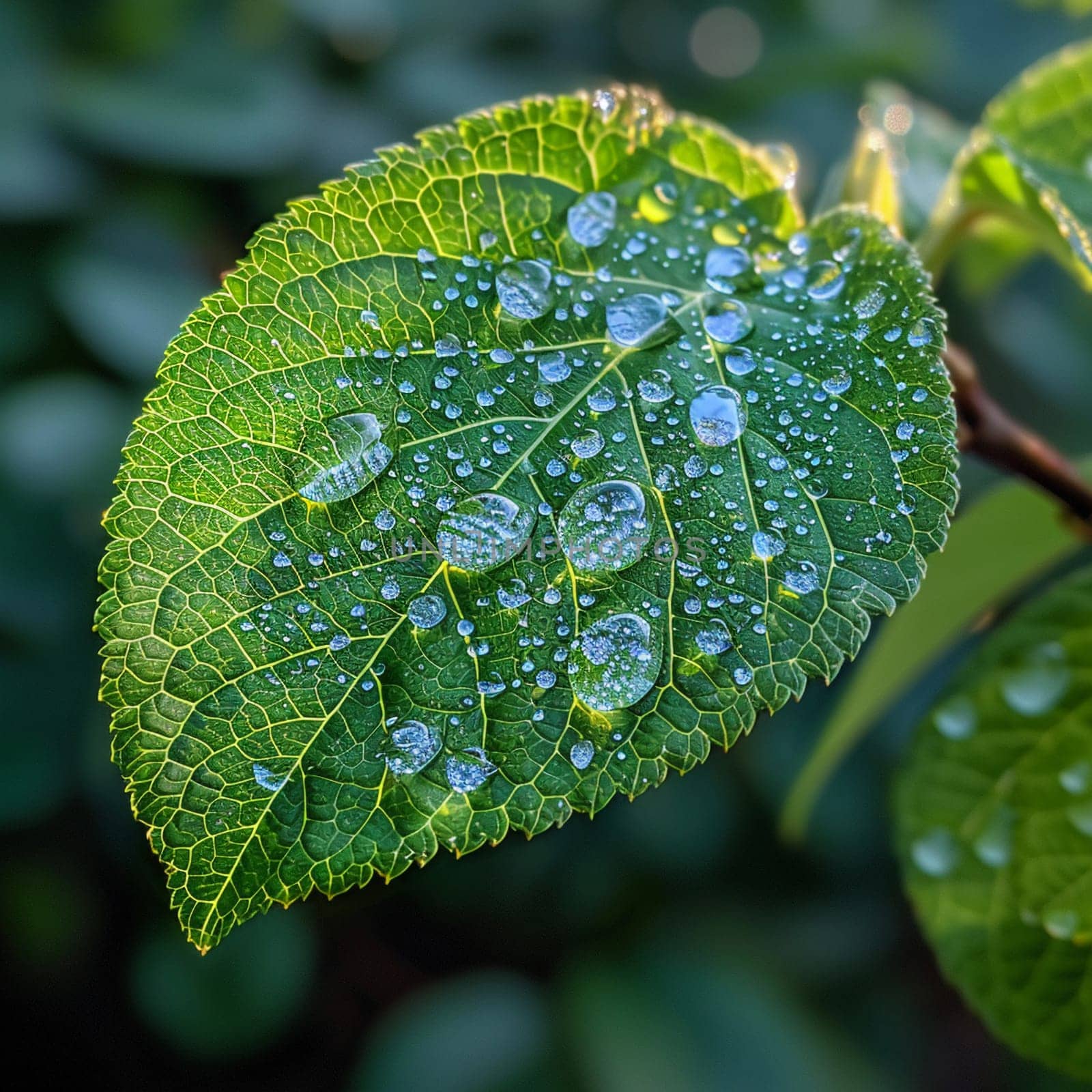 Close-up of raindrops on a vibrant green leaf by Benzoix