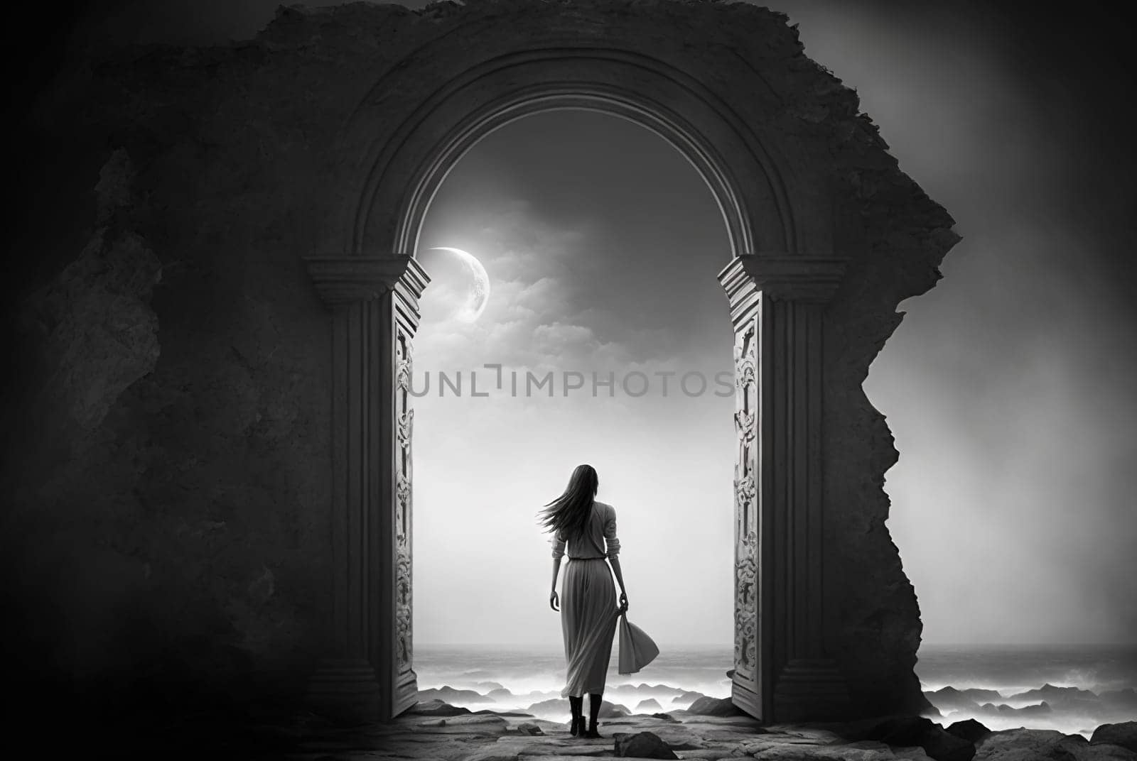 Magic ancient gate of the dark ruins. Black and white background with mystic lightened door. Generated AI