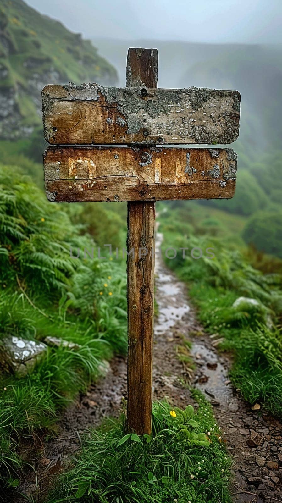 A weathered wooden signpost in a rural setting, pointing in multiple directions, evoking choice and adventure.