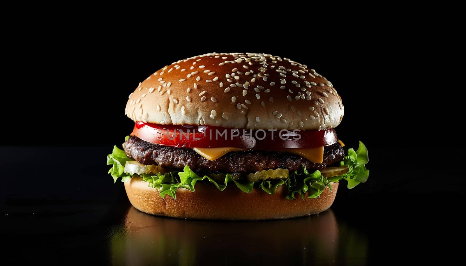 Fresh tasty burger on black background. Shallow dof. by sarymsakov