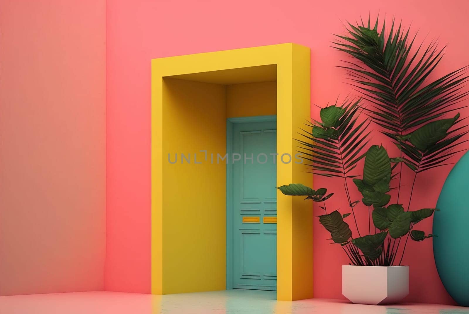 Abstract colorful interior with plants and minimalistic decorations. Vivid colored architectural background. Generated AI