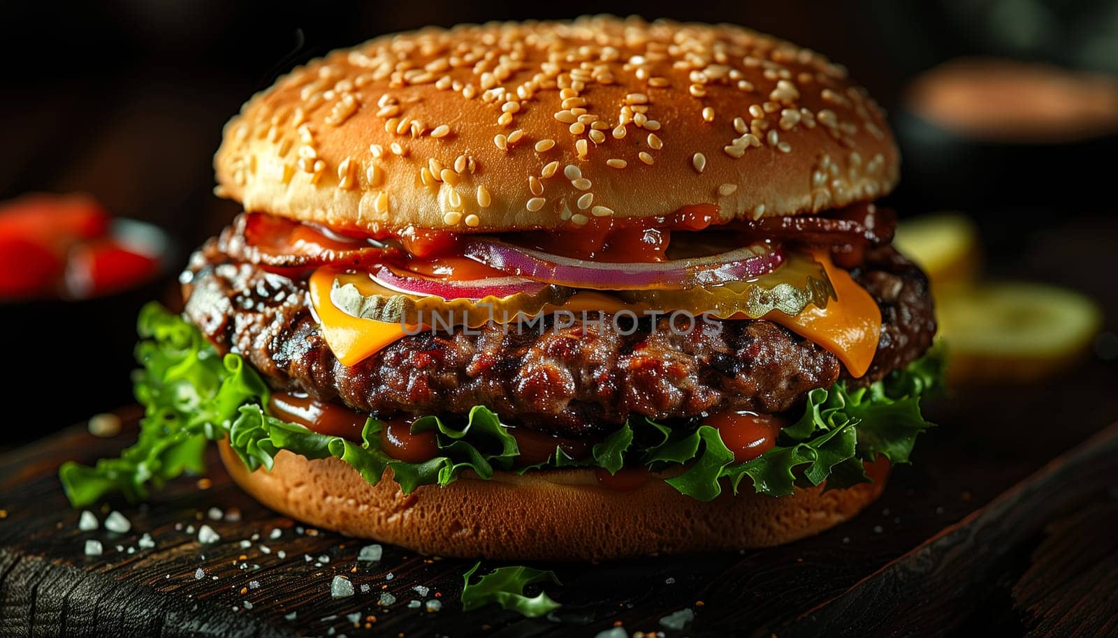 Fresh tasty burger on black background. Shallow dof. by sarymsakov