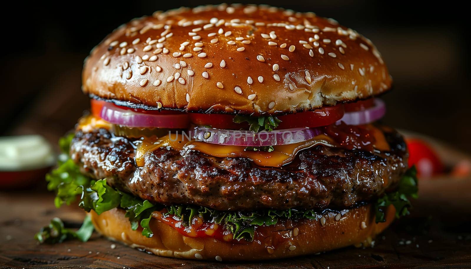 Fresh tasty burger on black background. Shallow dof. by sarymsakov