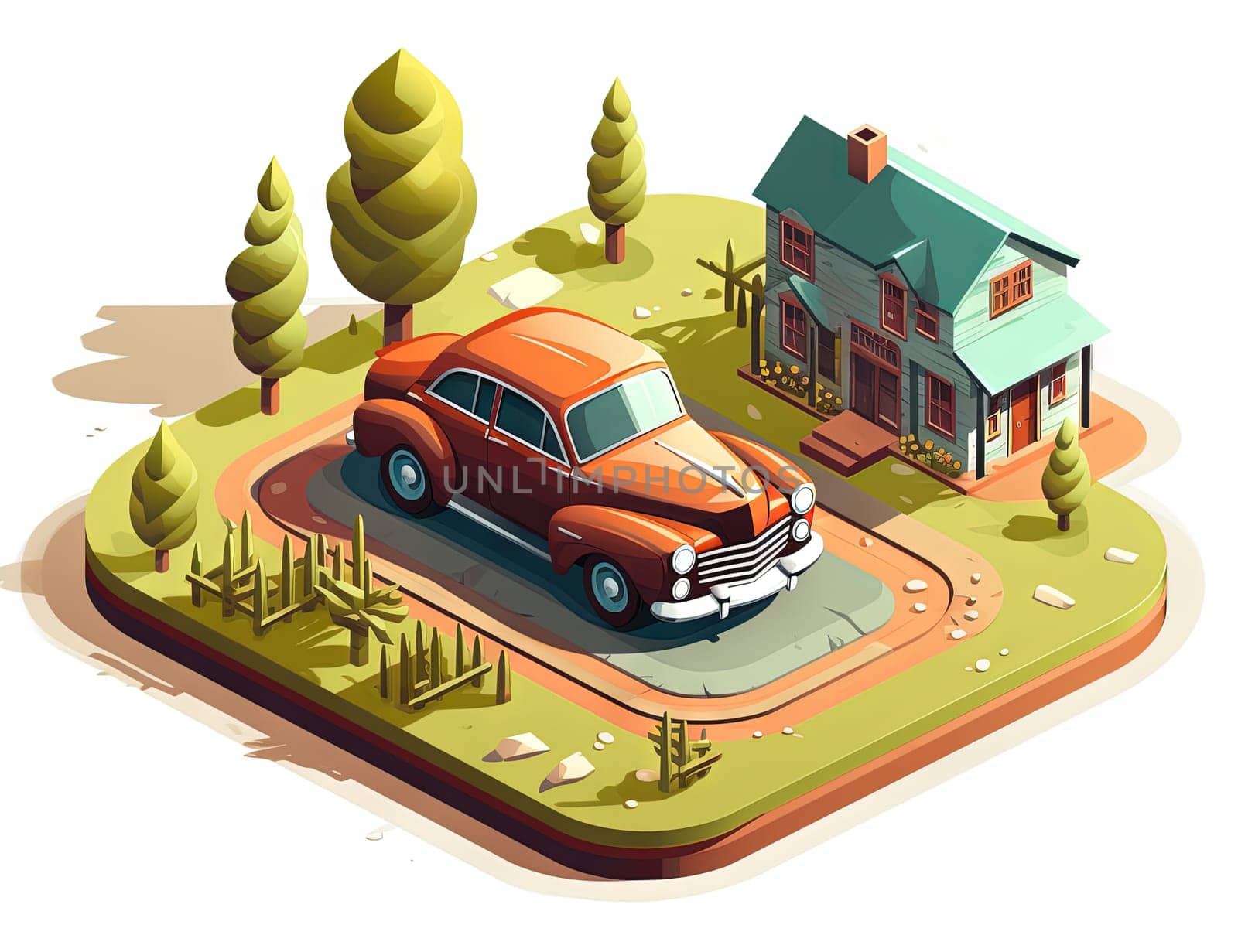 Isometric retro car travelling with elements of environment. Generated AI. by SwillKch