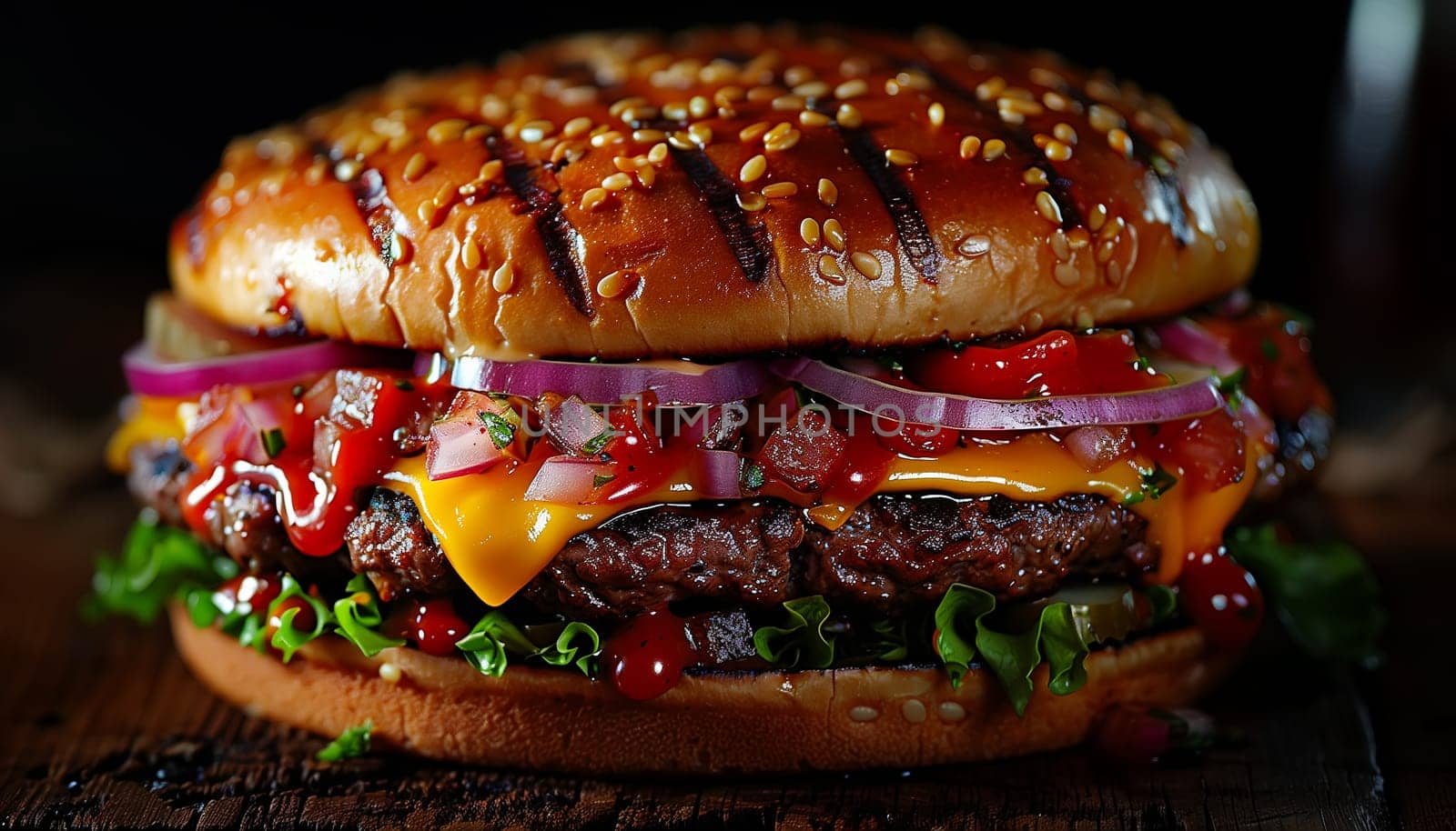 Fresh tasty burger on black background. Shallow dof. by sarymsakov