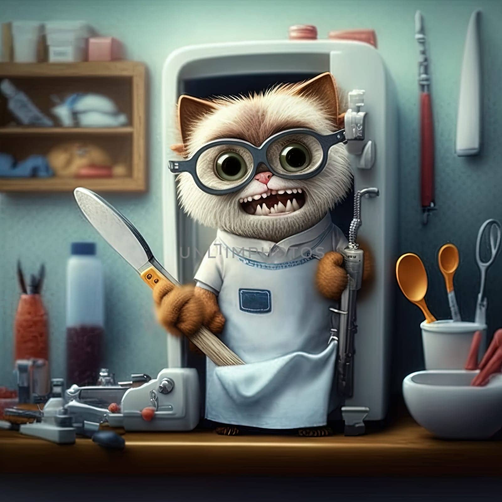 Funny dentist cat. Cute kitten in doctor costume with dentistry and hygiene tools. Generative AI