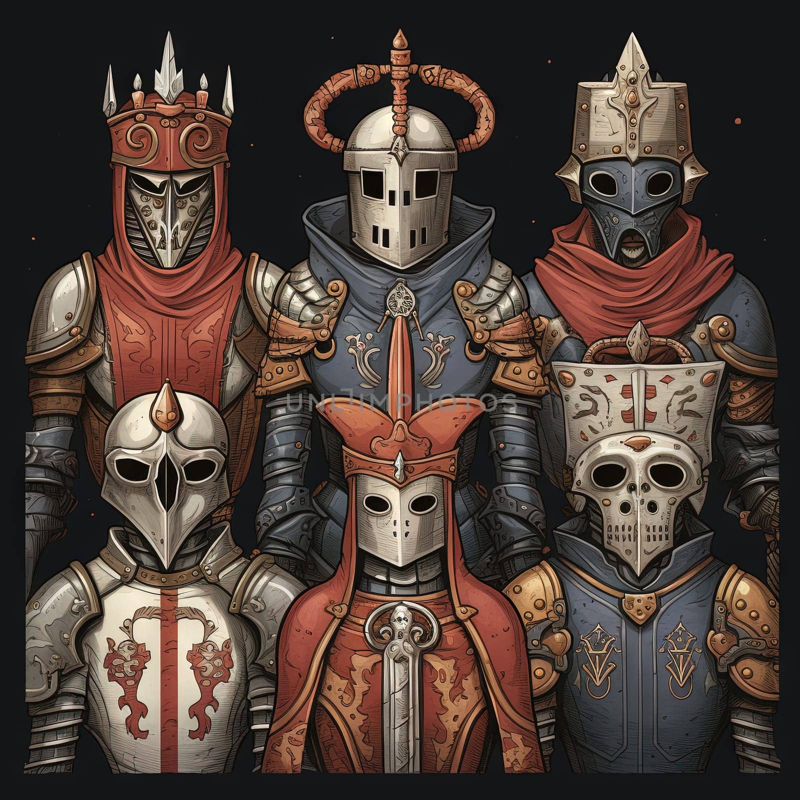 Mystic knight portraits in metal armor. Occult scary knights in medieval alchemy art style