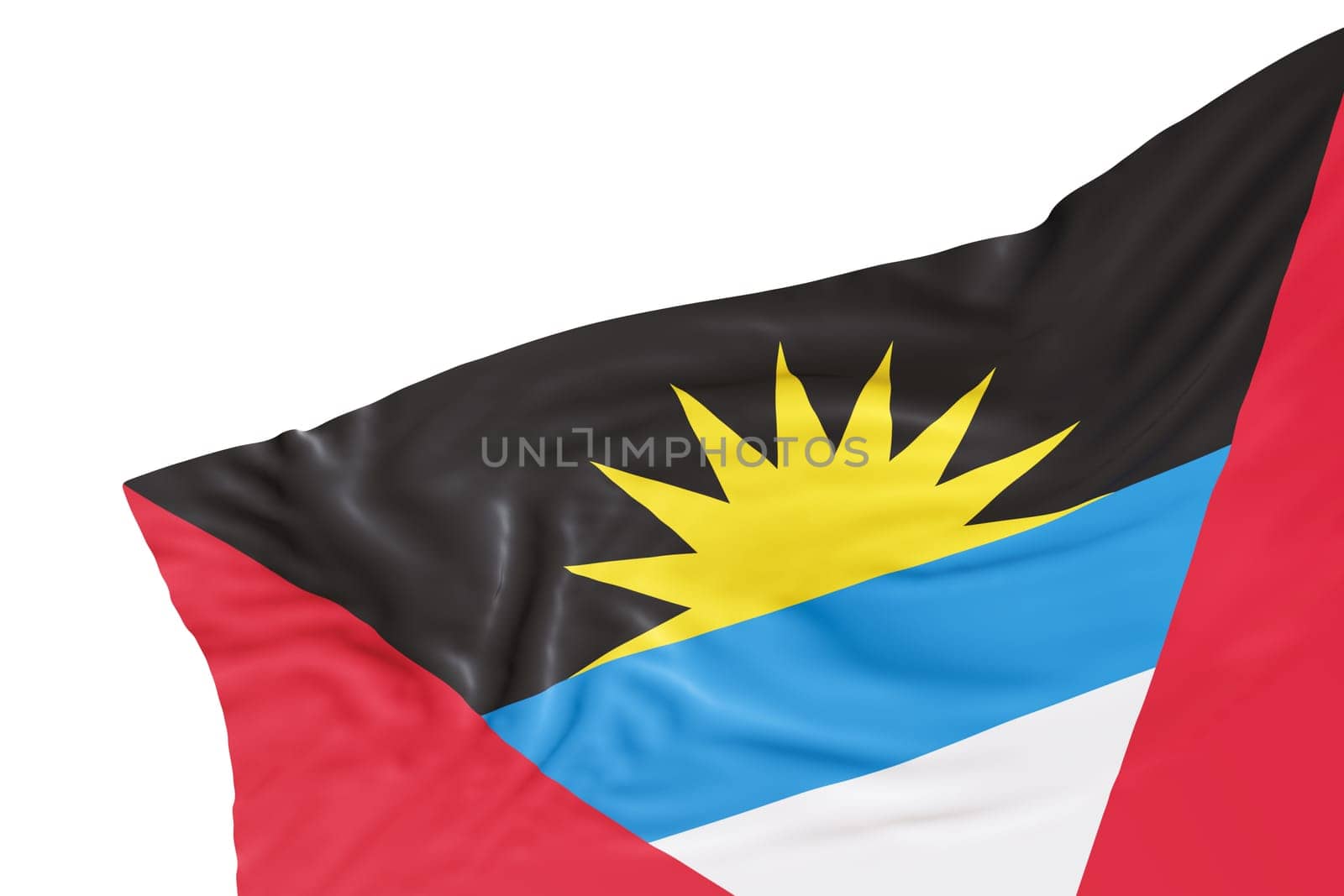 Realistic flag of Antigua and Barbuda with folds, isolated on white background. Footer, corner design element. Cut out. Perfect for patriotic themes or national event promotions. Empty, copy space. 3D render