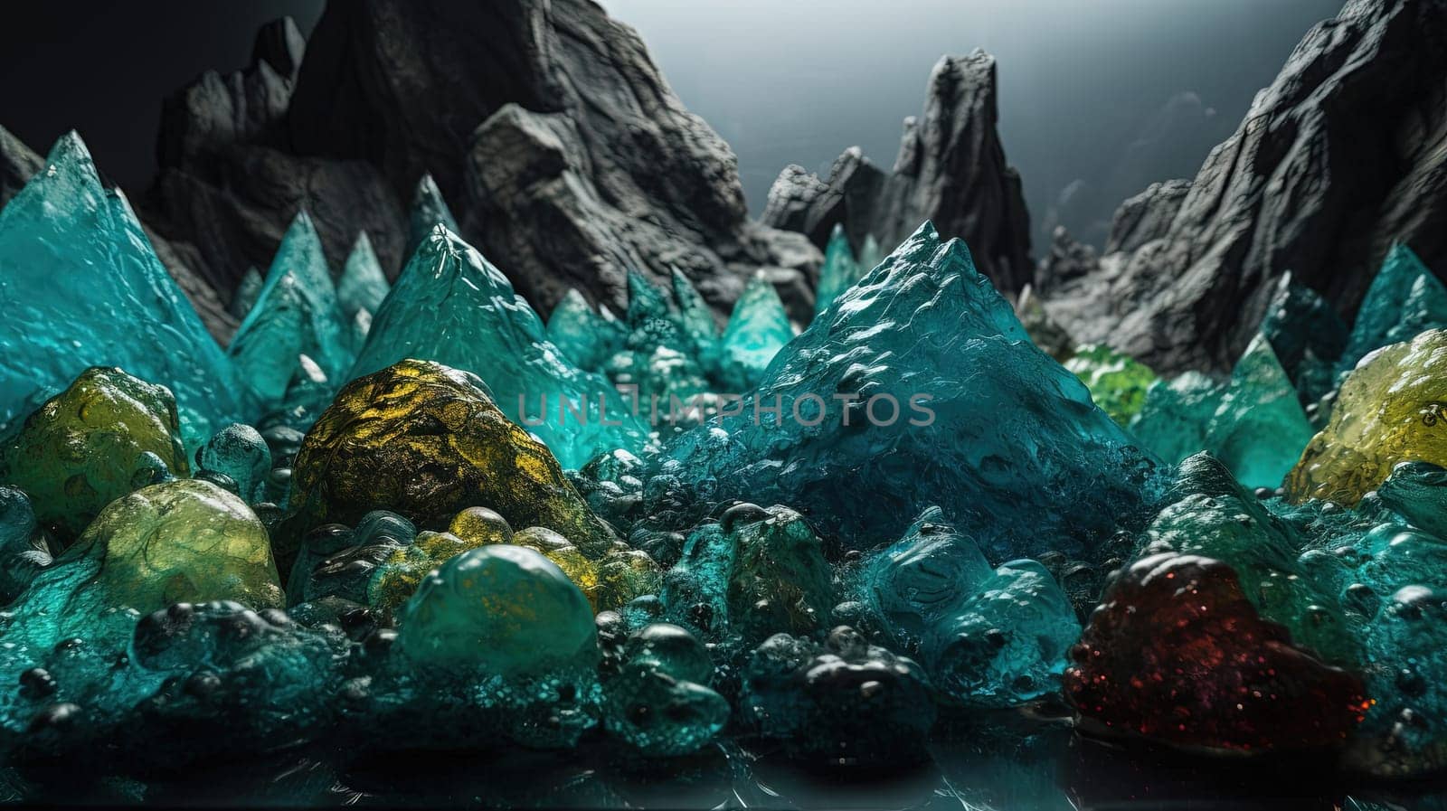 Science fiction landscape with glass mountains. Alien planet with melted glass rocks. Generated AI
