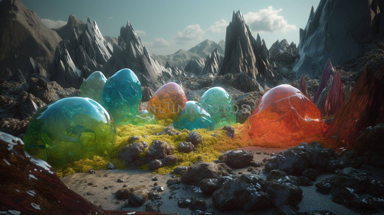 Science fiction landscape with glass mountains. Alien planet with melted glass rocks. Generated AI