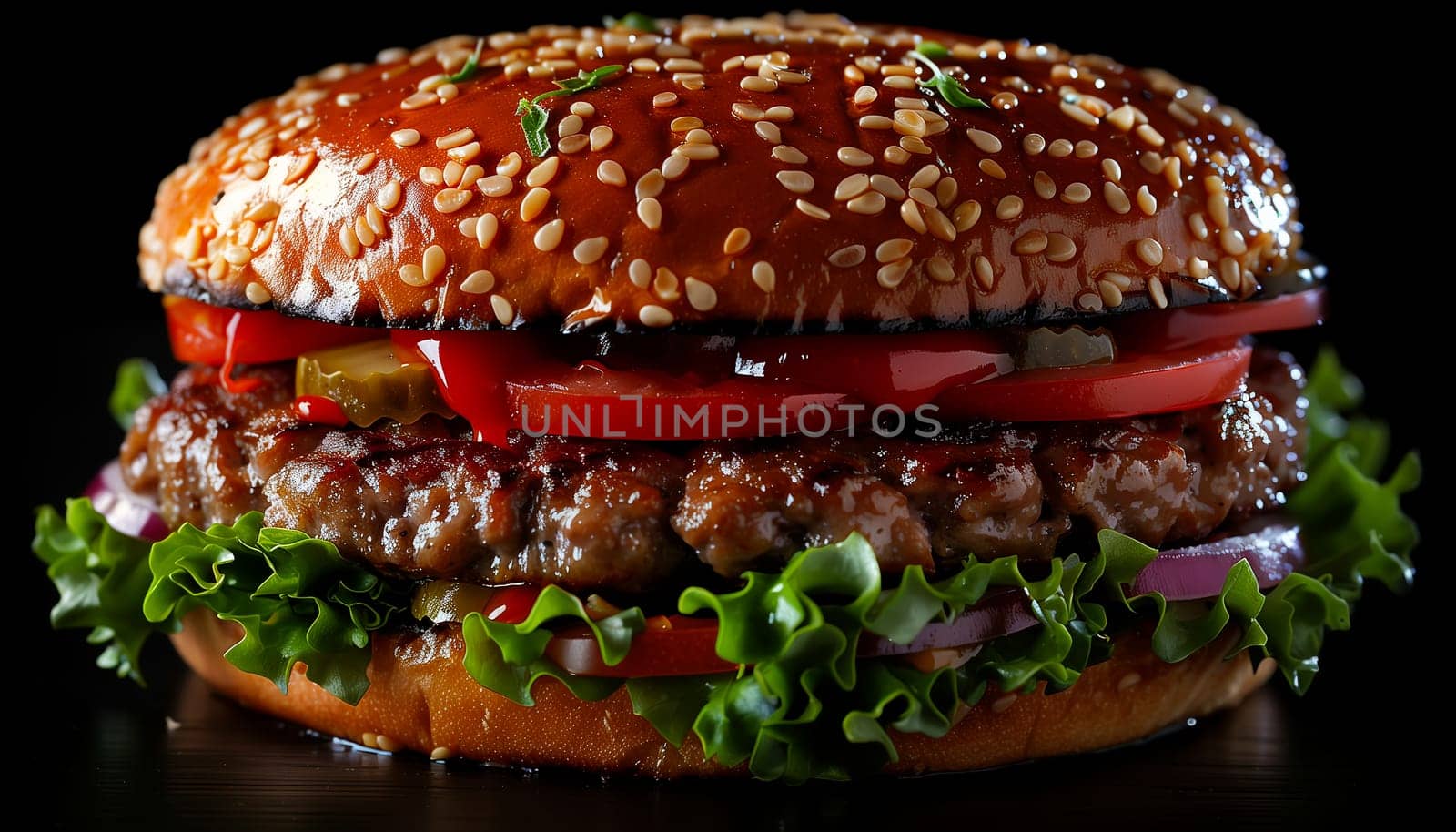 Fresh tasty burger on black background. Shallow dof