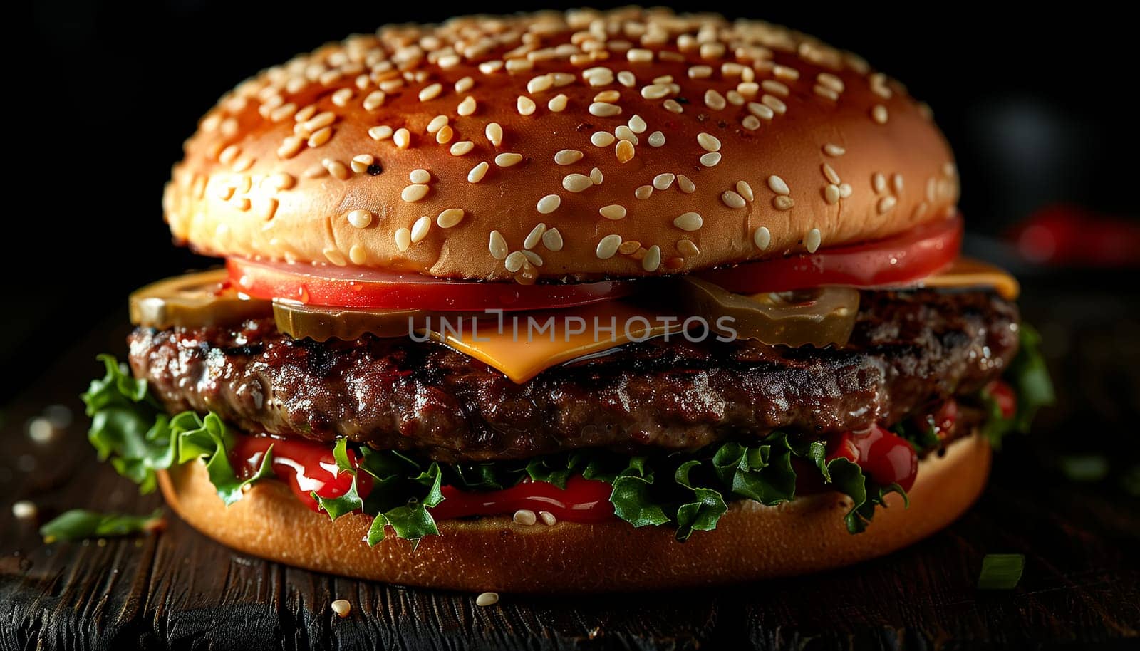 Fresh tasty burger on black background. Shallow dof. by sarymsakov