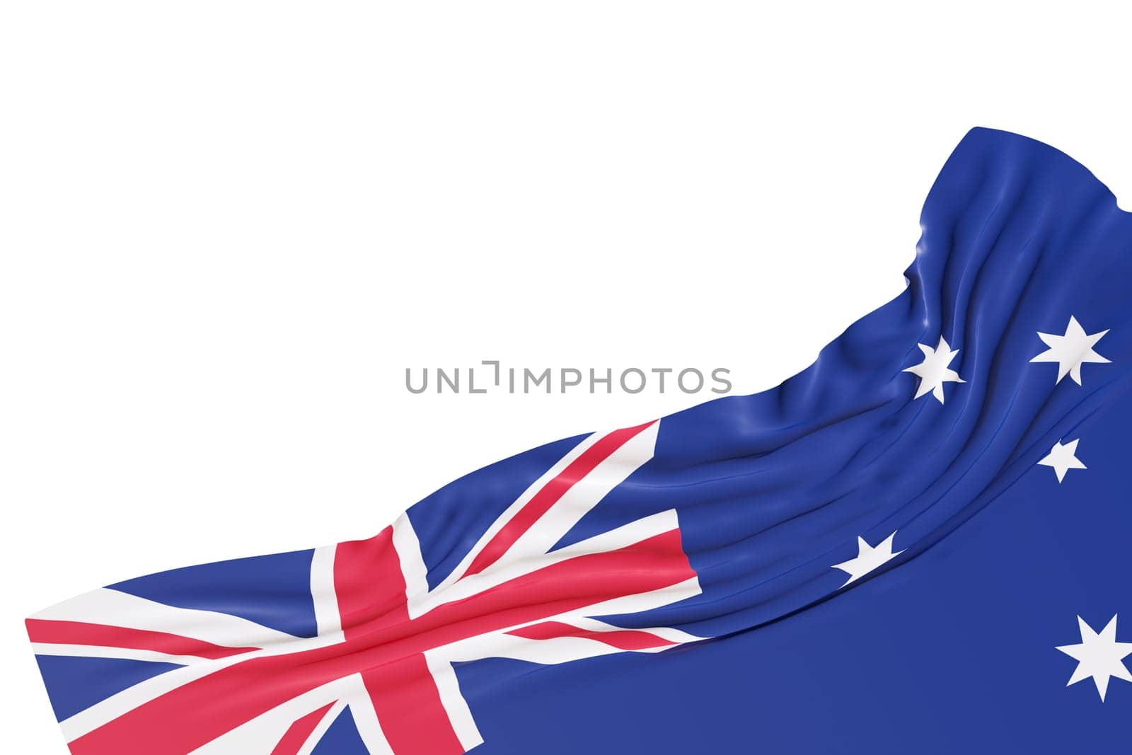 Realistic flag of Australia with folds, isolated on white background. Footer, corner design element. Cut out. Perfect for patriotic themes or national event promotions. Empty, copy space. 3D render
