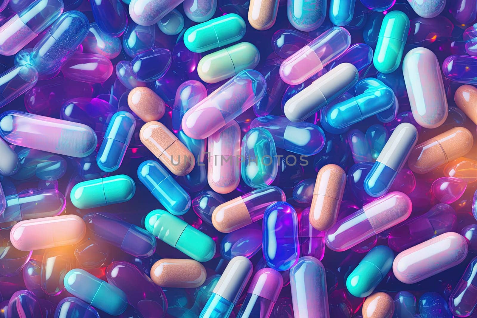 Background with pills and capsules in neon blue and purple colors. Medical drug or dietary supplement concept. Generated AI