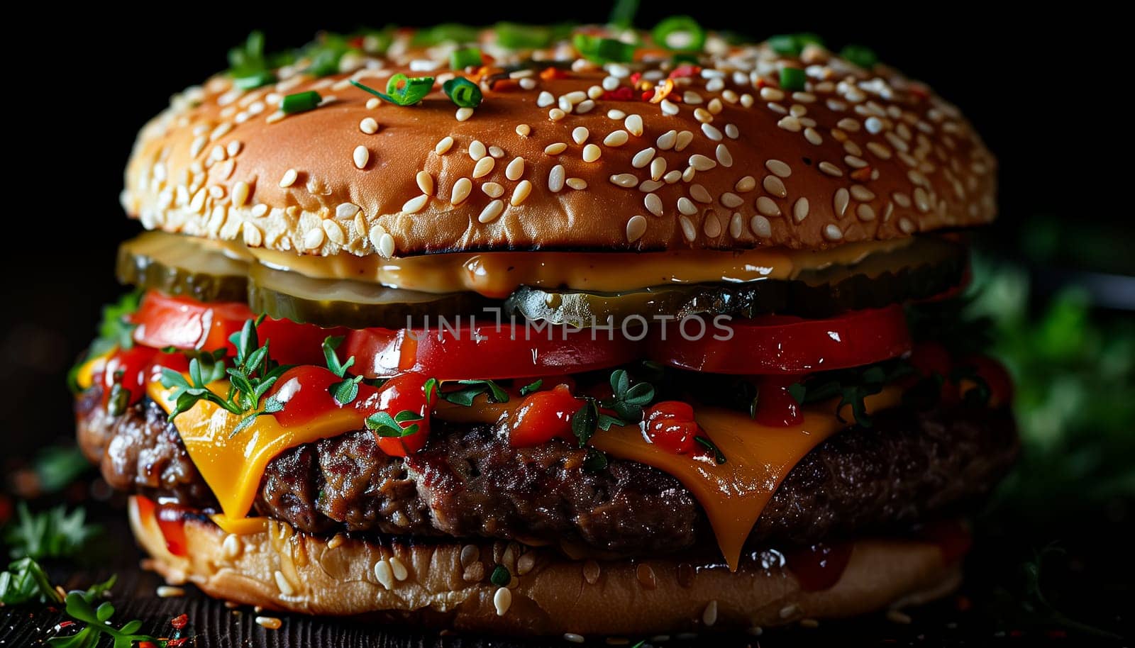 Fresh tasty burger on black background. Shallow dof. by sarymsakov