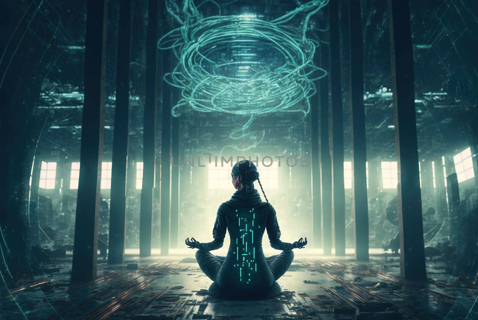 Digital era woman meditating in neon wires, with consciousness connected to the world via technological structure. Generated AI