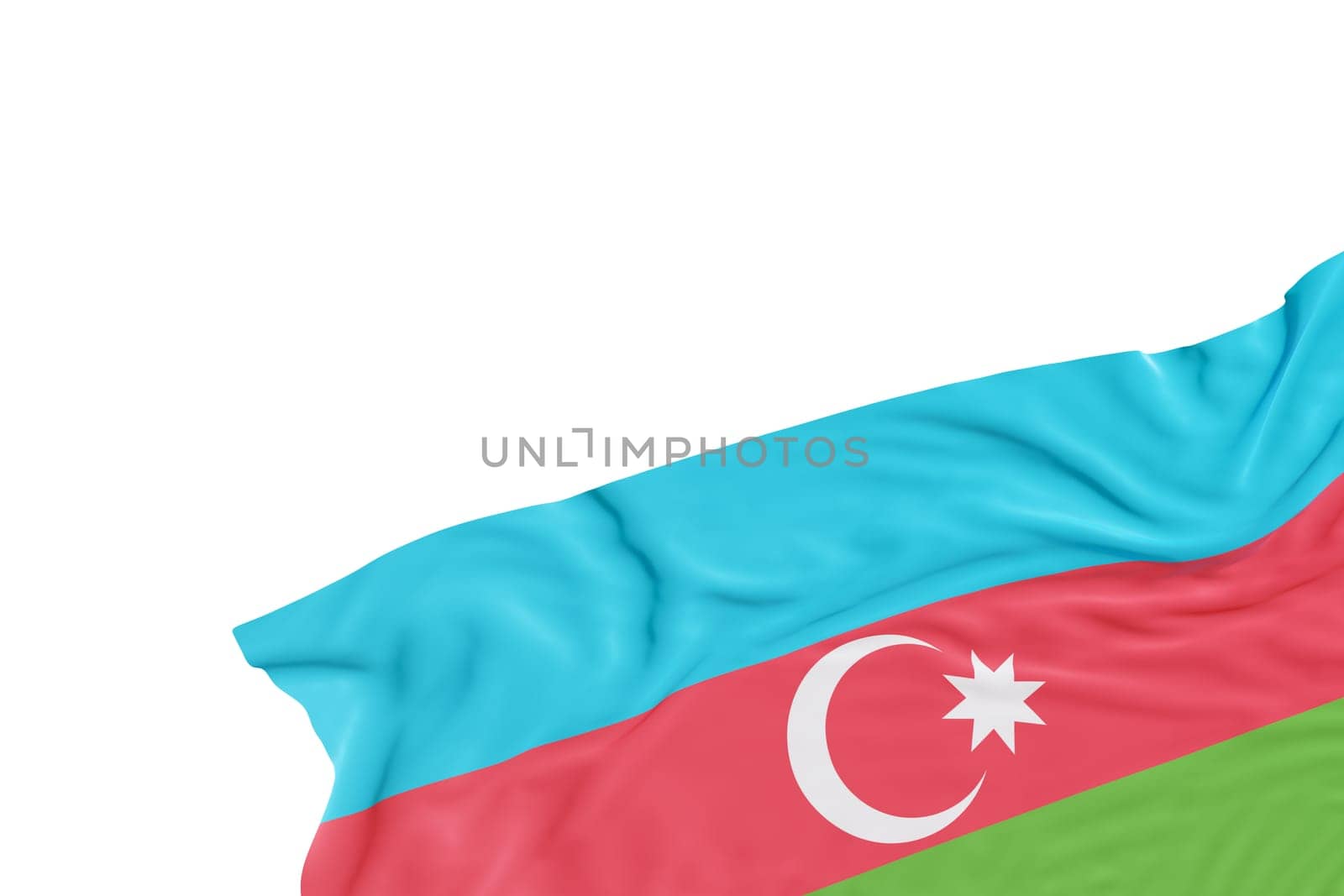 Realistic flag of Azerbaijan with folds, isolated on white background. Footer, corner design element. Cut out. Perfect for patriotic themes or national event promotions. Empty, copy space. 3D render. by creativebird