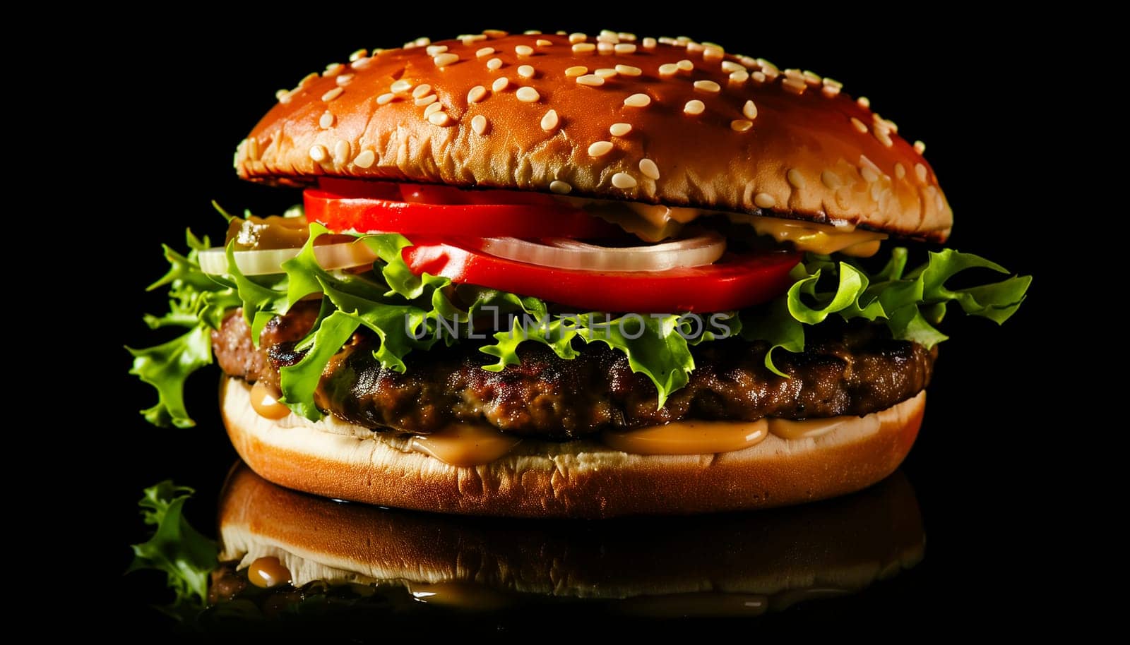 Fresh tasty burger on black background. Shallow dof. by sarymsakov