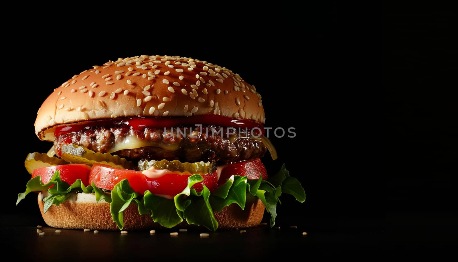 Fresh tasty burger on black background. Shallow dof