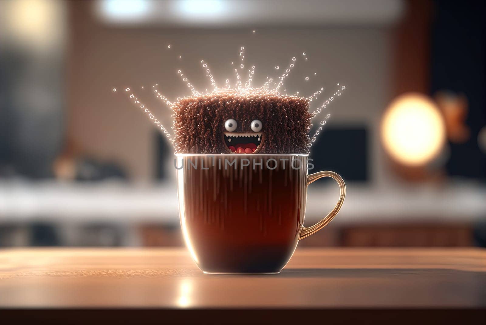 Coffee monster with crazy eyes. Cute character with caffeine energy, very excited. Generated AI