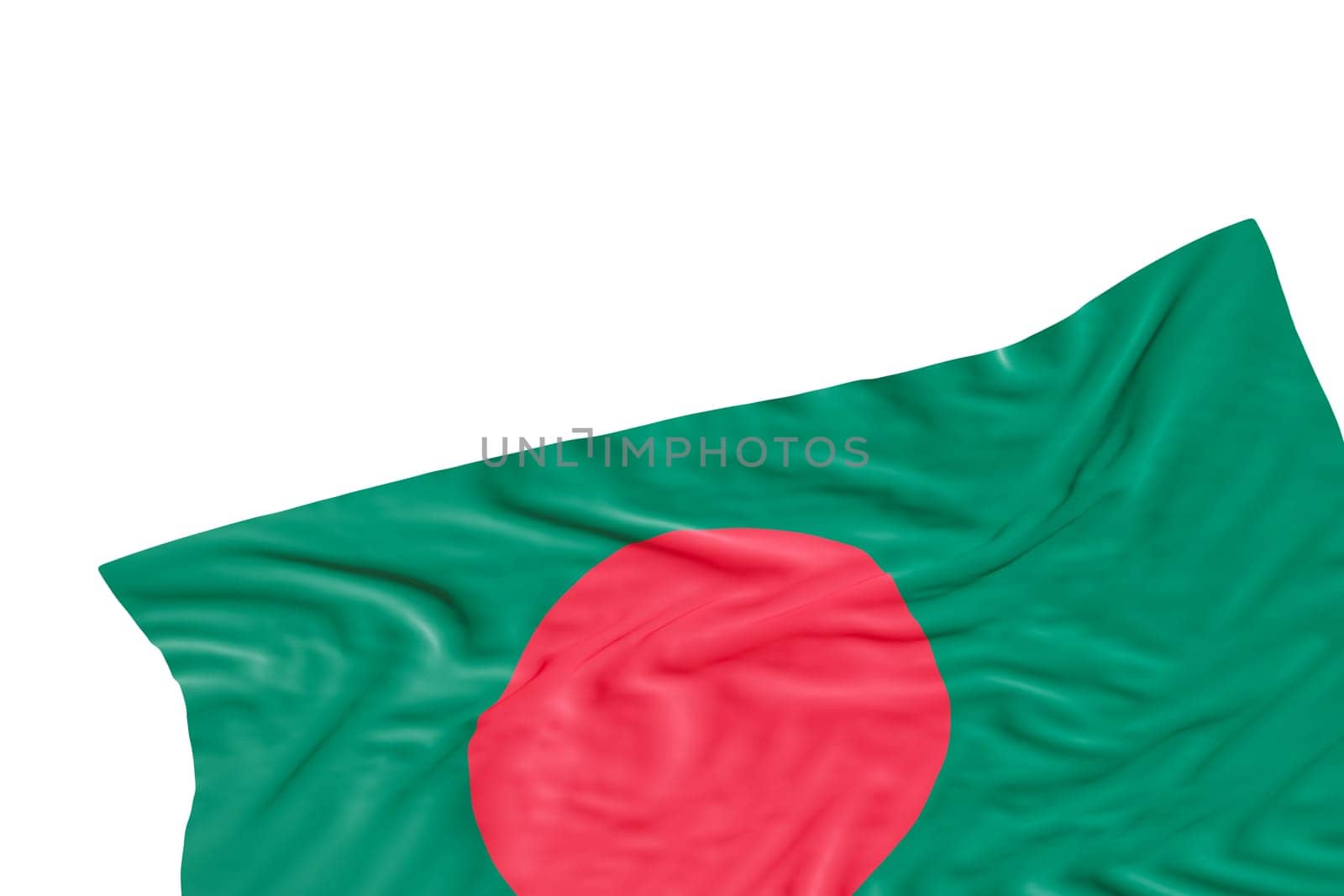 Realistic flag of Bangladesh with folds, isolated on white background. Footer, corner design element. Cut out. Perfect for patriotic themes or national event promotions. Empty, copy space. 3D render