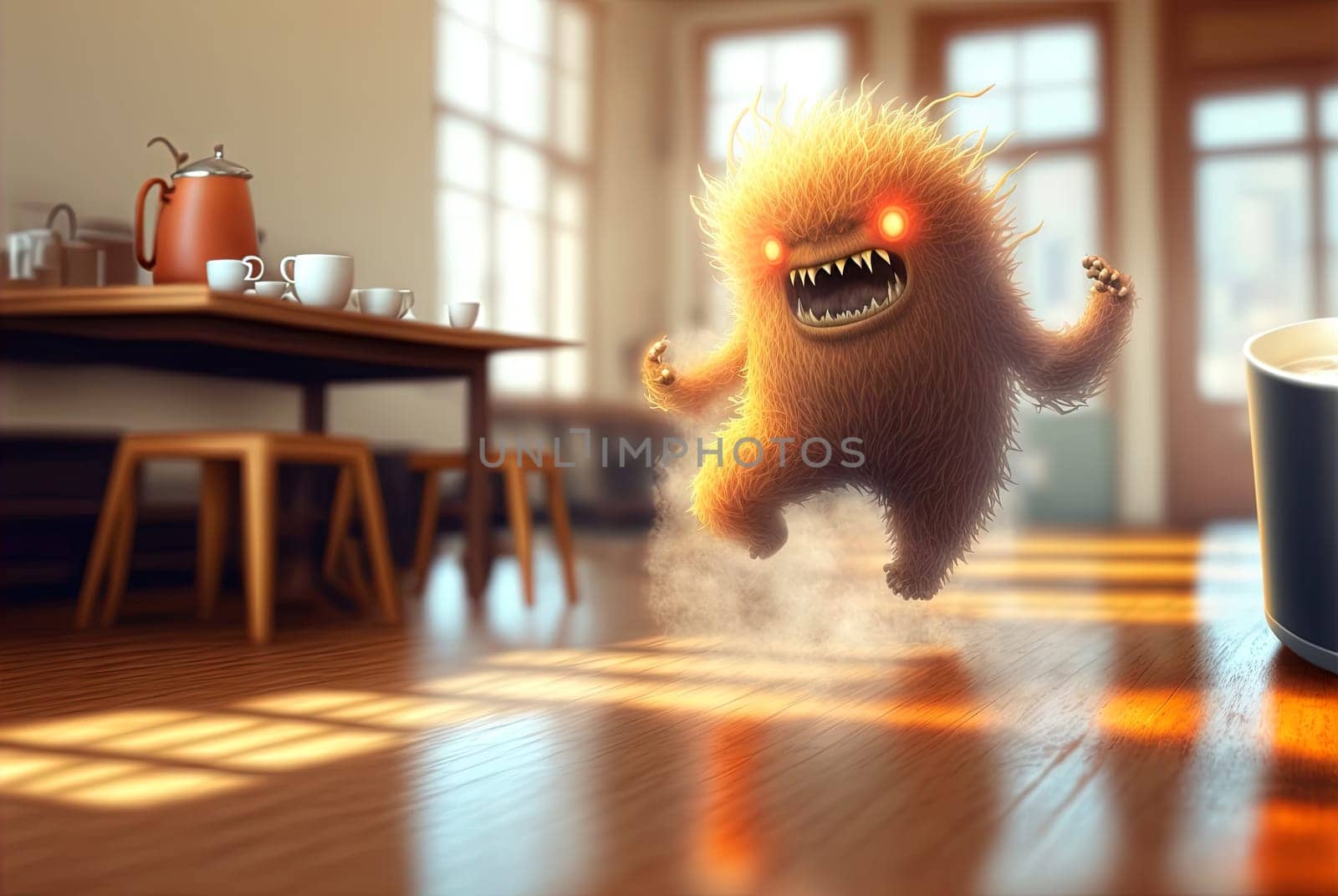 Coffee monster with crazy eyes. Cute character with caffeine energy, very excited. Generated AI