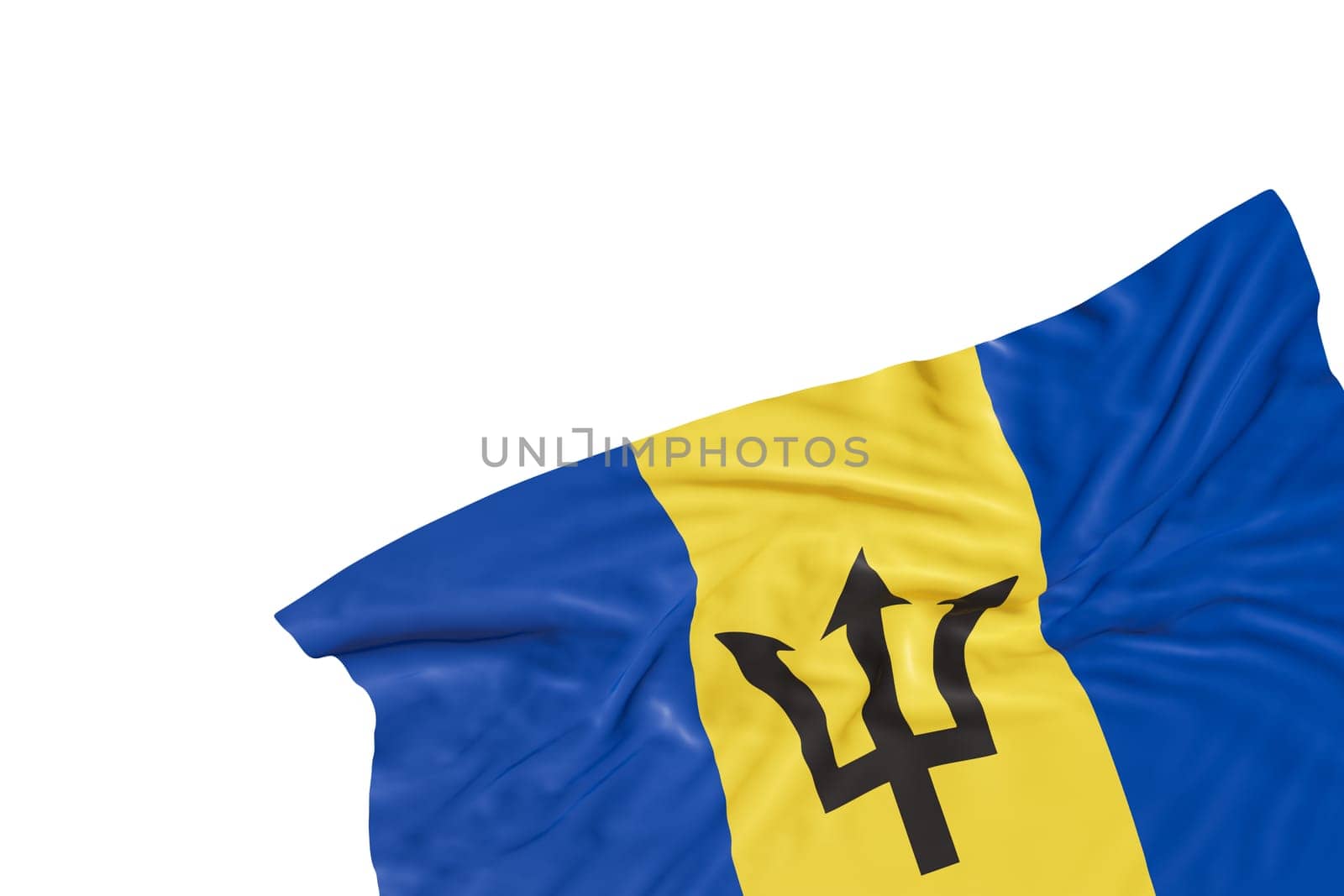 Realistic flag of Barbados with folds, isolated on white background. Footer, corner design element. Cut out. Perfect for patriotic themes or national event promotions. Empty, copy space. 3D render. by creativebird