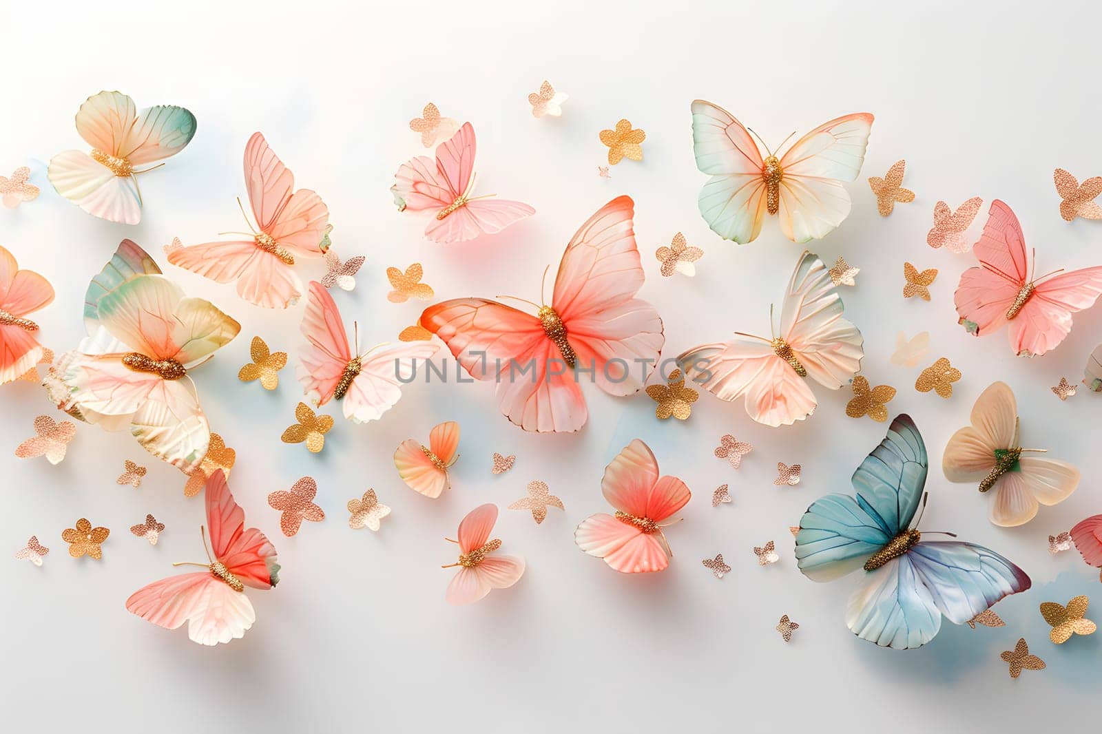 A line of pollinator insects, including butterflies and moths, are fluttering gracefully against a white background. Their pink wings contrast beautifully with the blossoms and petals around them
