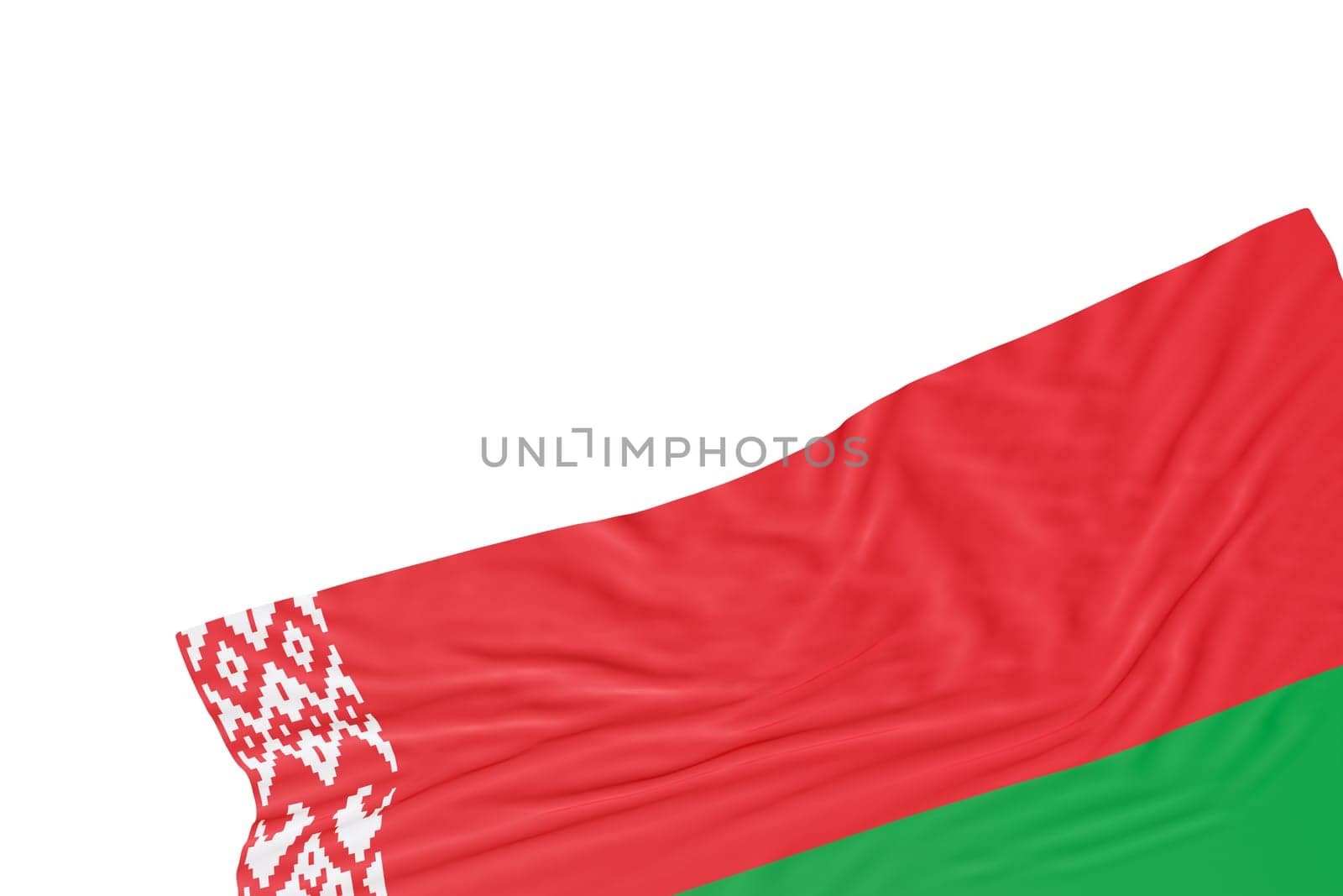 Realistic flag of Belarus with folds, isolated on white background. Footer, corner design element. Cut out. Perfect for patriotic themes or national event promotions. Empty, copy space. 3D render. by creativebird