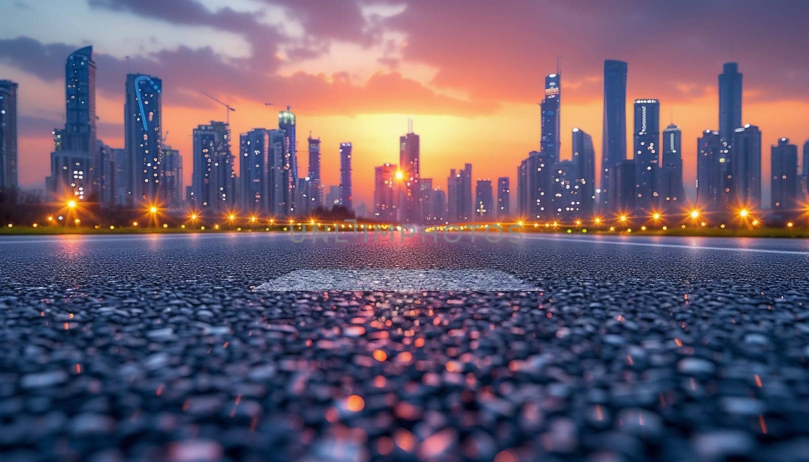 The perspective of the road against the background of sunset and the cityscape. High quality photo