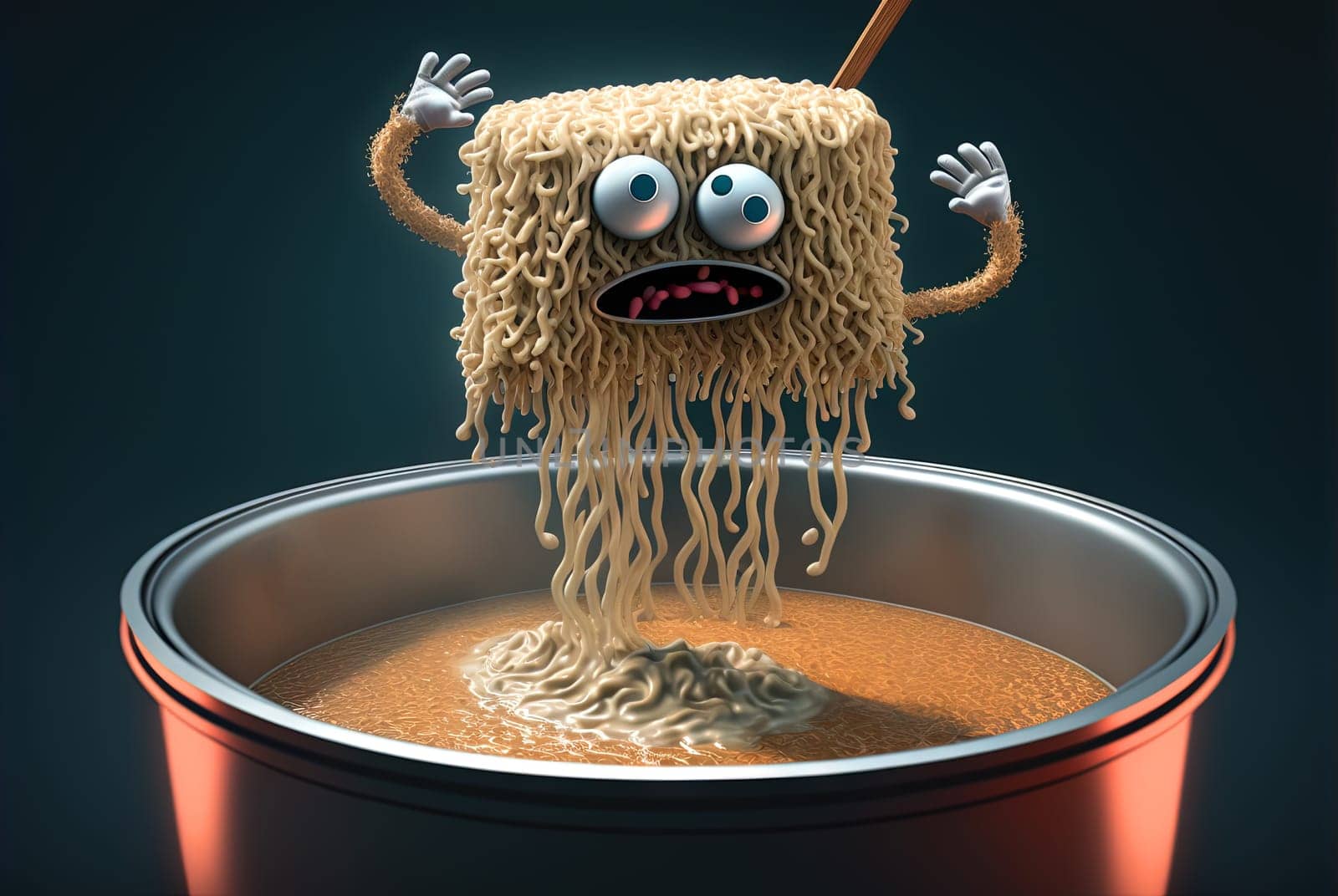Funny monster spaghetti. Cute pasta, noodle or ramen character with crazy funny face. Generated AI