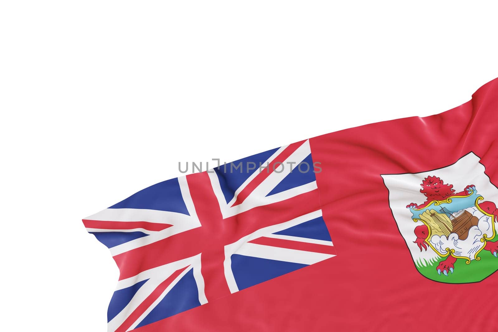 Realistic flag of Bermuda with folds, isolated on white background. Footer, corner design element. Cut out. Perfect for patriotic themes or national event promotions. Empty, copy space. 3D render. by creativebird