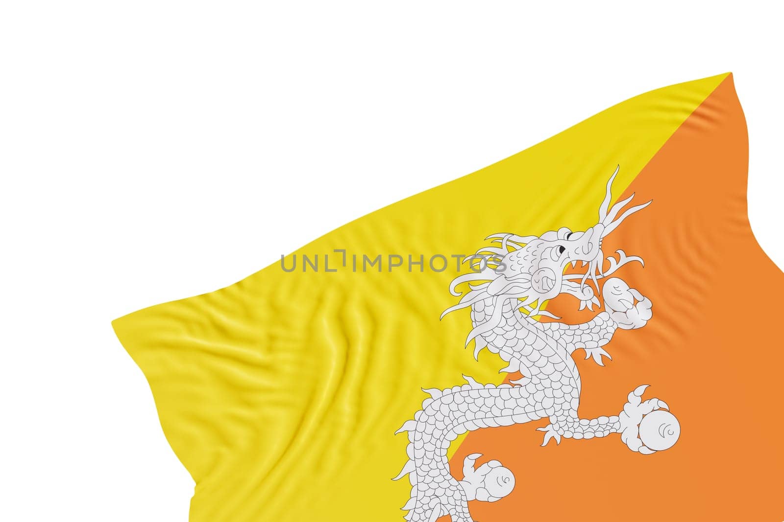 Realistic flag of Bhutan with folds, isolated on white background. Footer, corner design element. Cut out. Perfect for patriotic themes or national event promotions. Empty, copy space. 3D render. by creativebird
