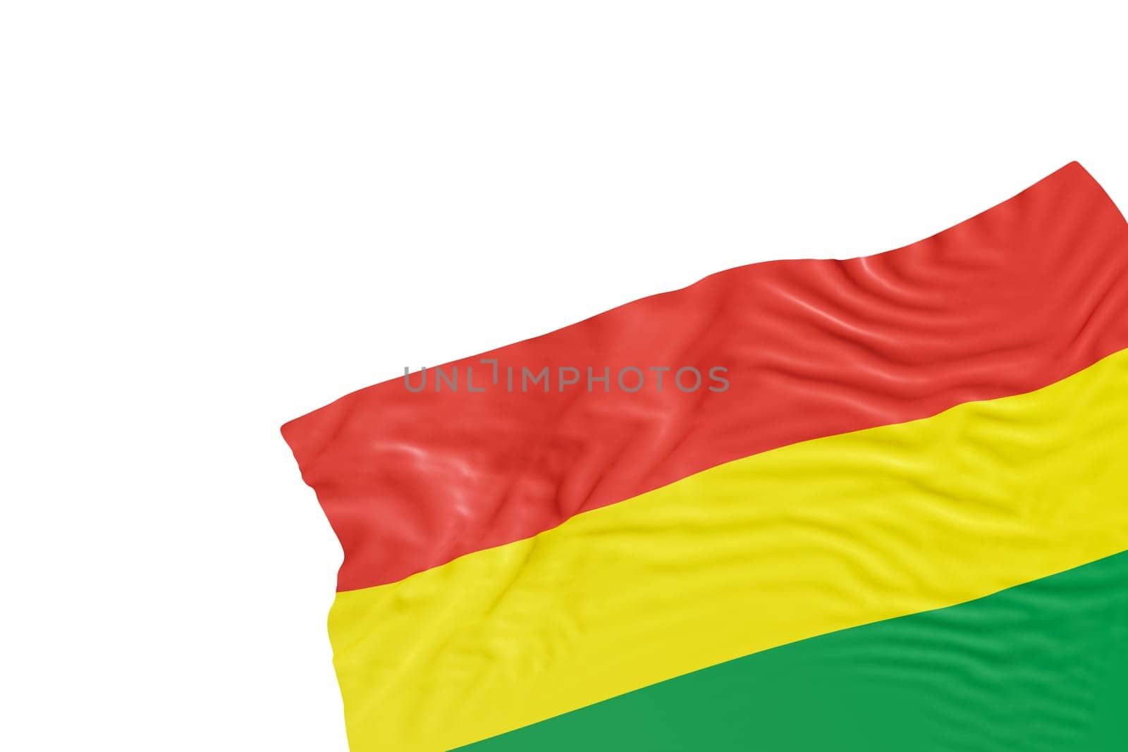 Realistic flag of Bolivia with folds, isolated on white background. Footer, corner design element. Cut out. Perfect for patriotic themes or national event promotions. Empty, copy space. 3D render