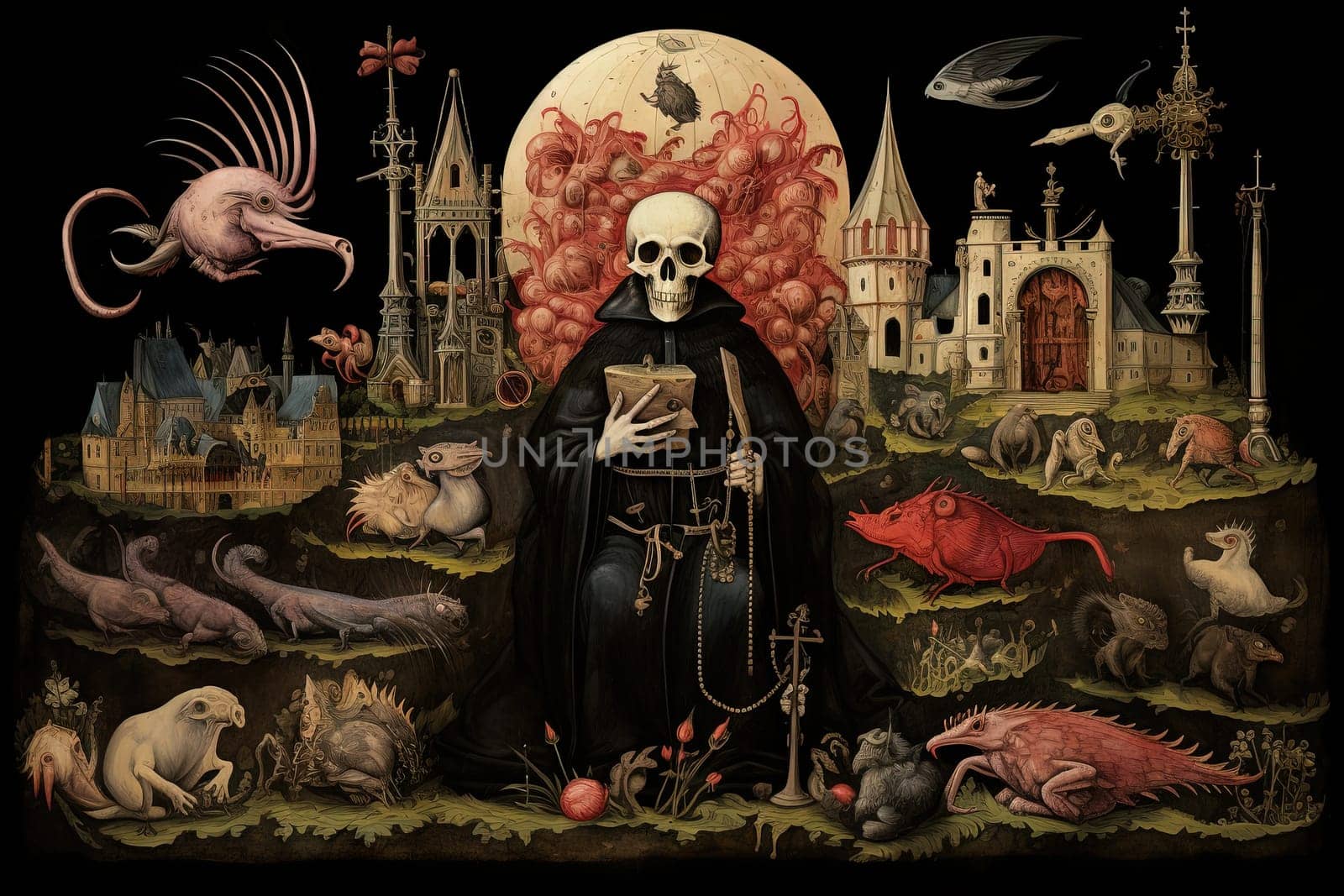 Medieval styled occult art with skeleton and monsters. Ancient icon or old book illustration with mystic religious scene. Generated AI