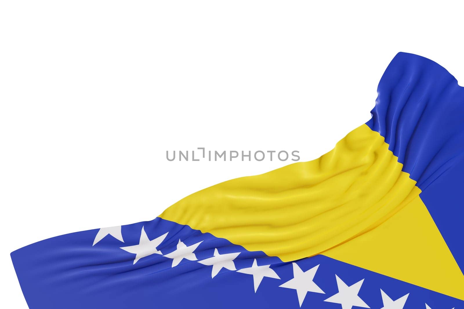 Realistic flag of Bosnia and Herzegovina with folds, isolated on white background. Footer, corner design element. Perfect for patriotic themes or national event promotions. Copy space. 3D render
