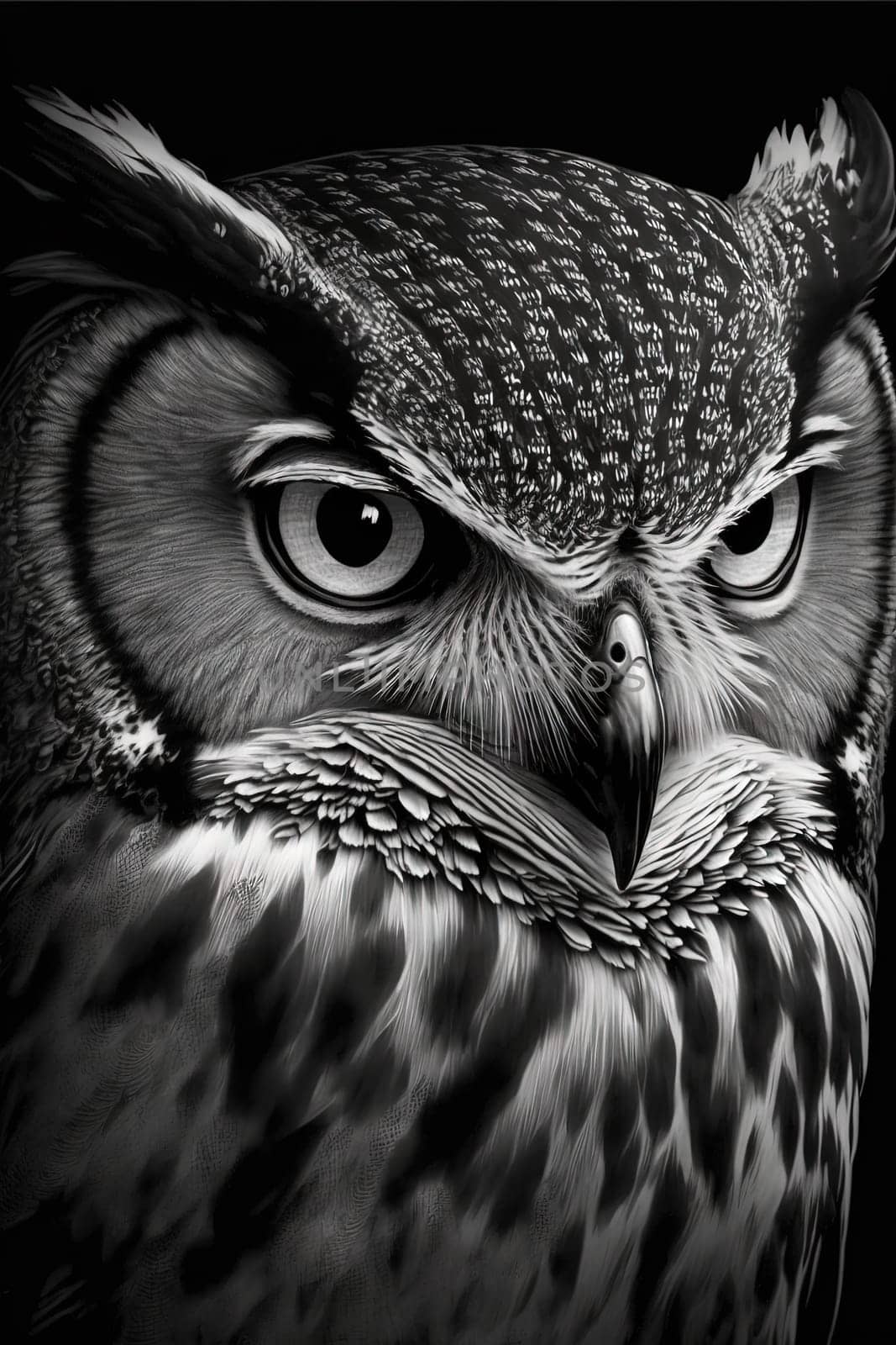 Wild owl in the forest. Black and white style, wildlife element. Generated AI