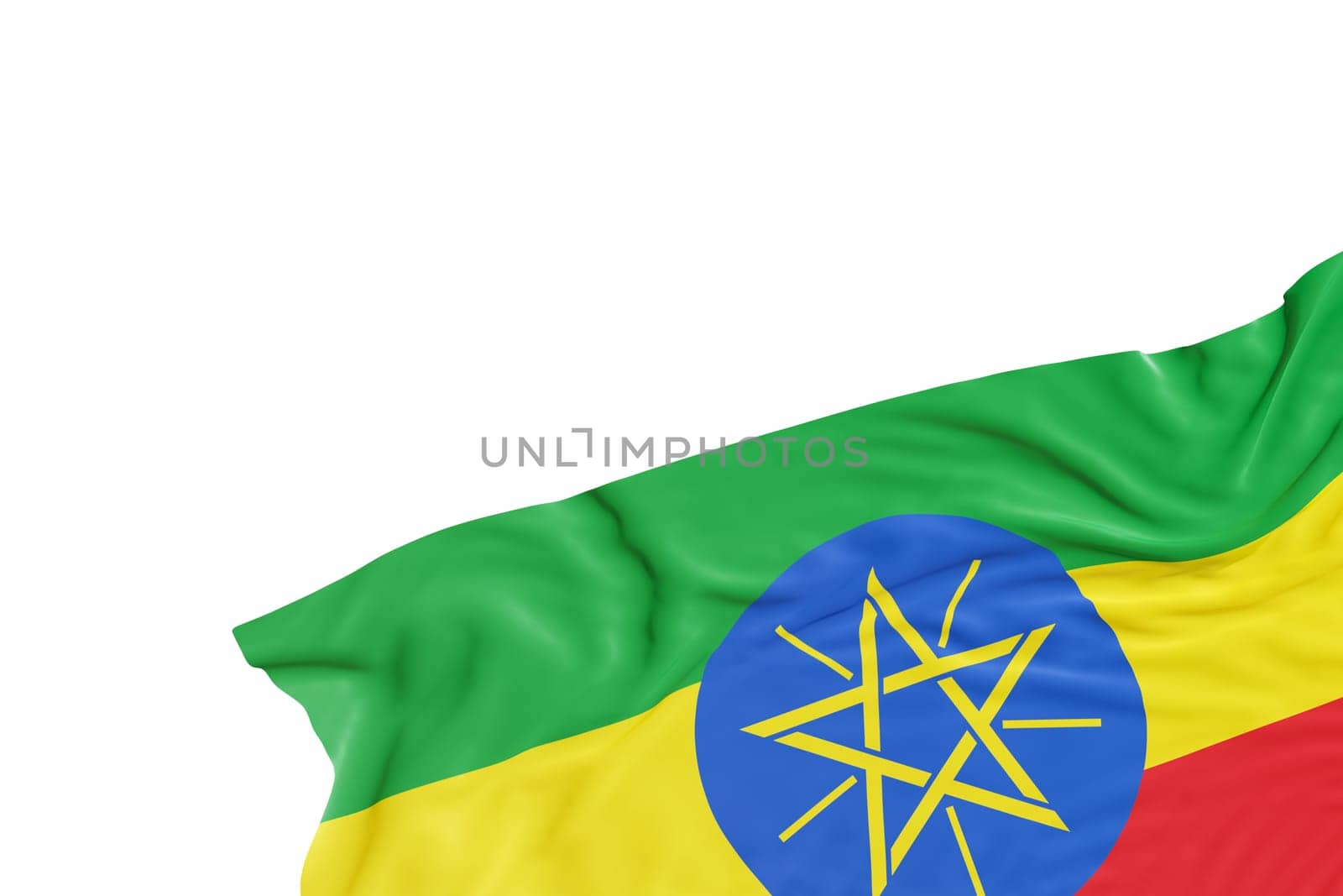 Realistic flag of Ethiopia with folds, isolated on white background. Footer, corner design element. Cut out. Perfect for patriotic themes or national event promotions. Empty, copy space. 3D render