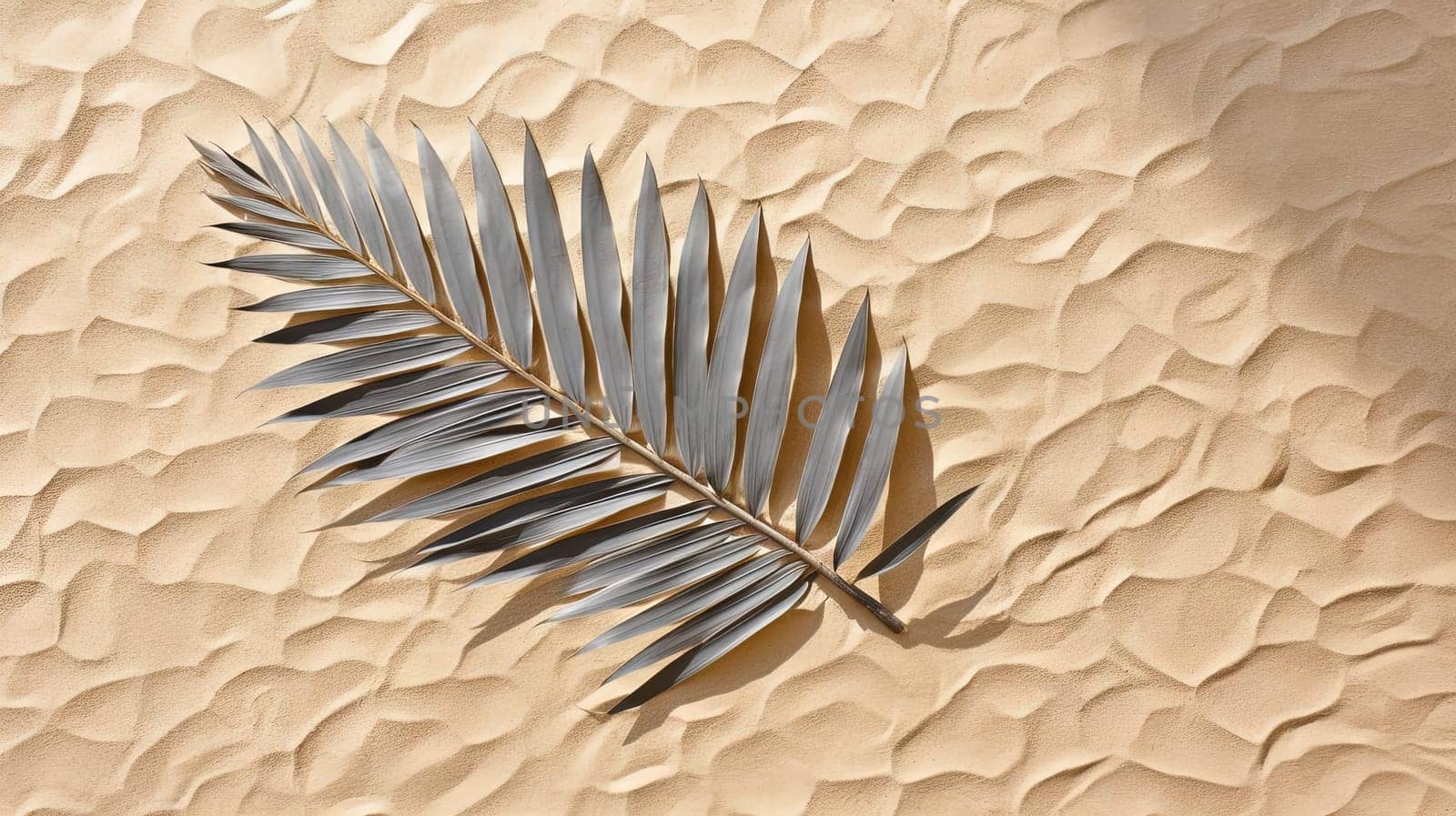 Plam leaf on the tropical beach sand. Vacation and relaxation concept with dry palm leaf on the hot summer beach. Generated AI